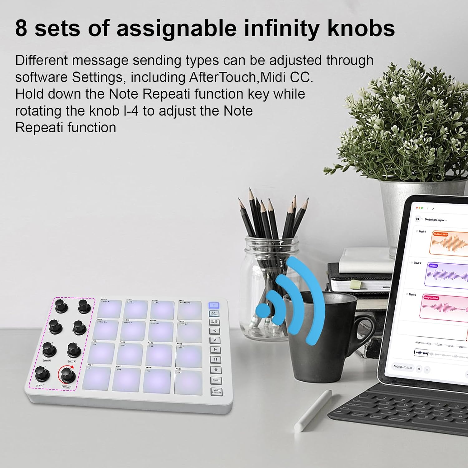 controller,HUIOP midi controller,MIDI Controller Strike Pad RGB Backlight MIDI Keyboard BT Connection Low Latency 3.5mm Output Interface ith 16 Strike Pads 8 Assignable Knobs Note Repeat Portable MIDI