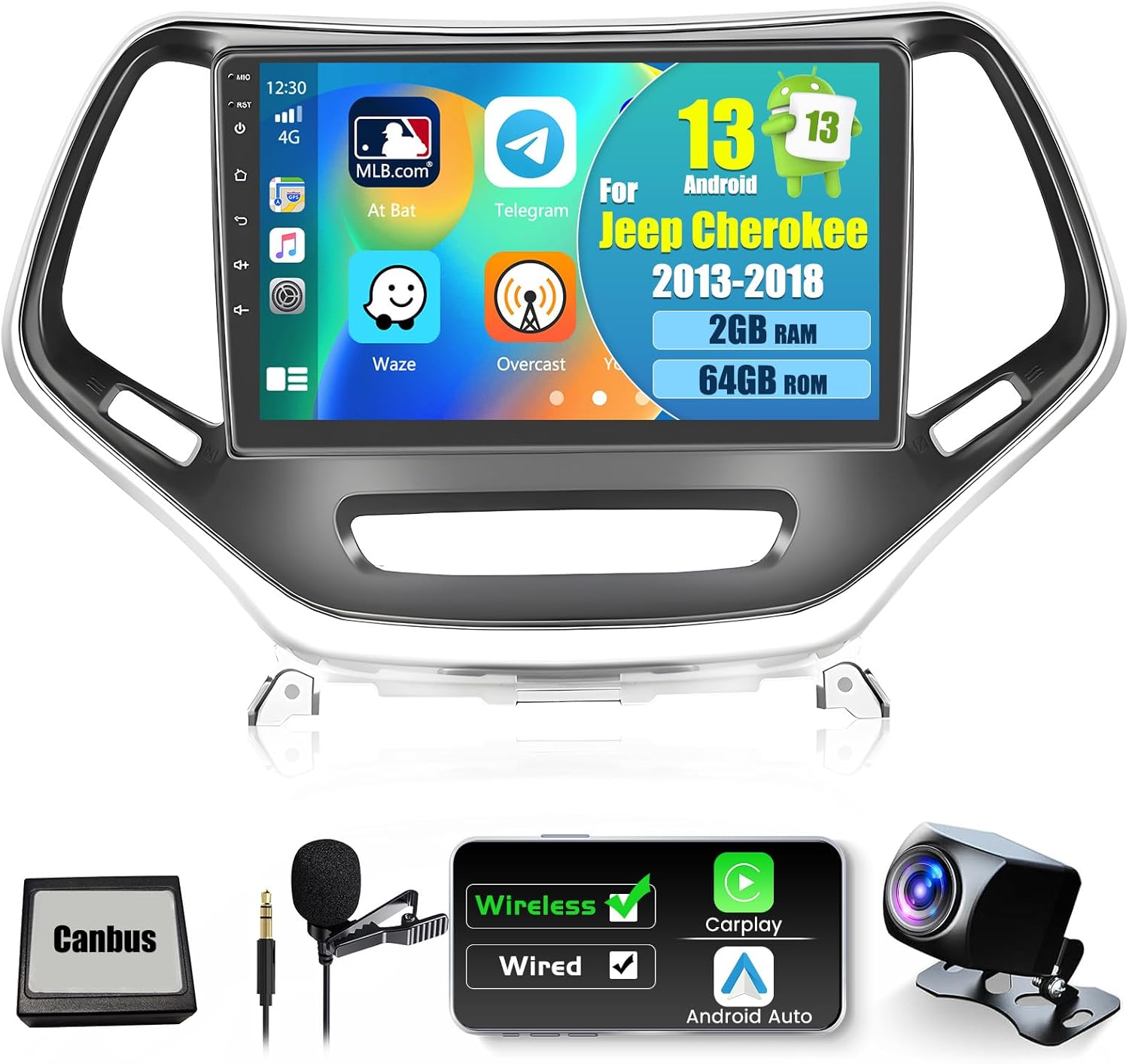 Fuluku【2+64G】 Android 13 Radio for Jeep Cherokee 2013-2018 Car Stereo with Wireless Carplay Android Auto Mirror Link, 10.1’Touchscreen Radio WiFi/GPS/FM/RDS/Bluetooth/SWC/Waterproof Night Backup Cam