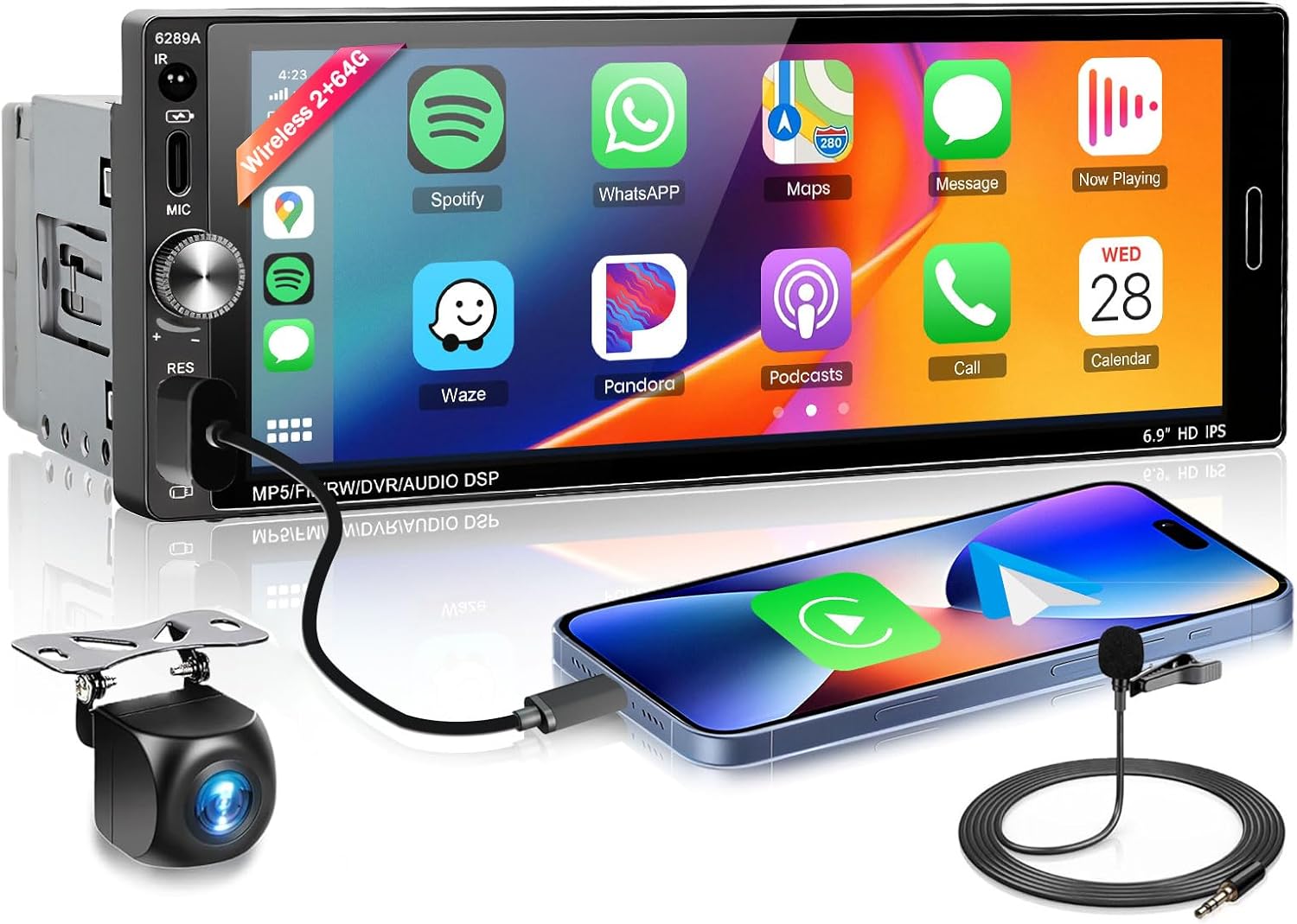 Android Single Din Car Stereo Compatible with Wireless Carplay Android Auto[2+64G],METEESER 6.9 Inch,1280 * 480 Touch Screen Car Radio Bluetooth5.0,GPS,WiFi,SWC,59UI,32EQ AI DSP+Backup Camera