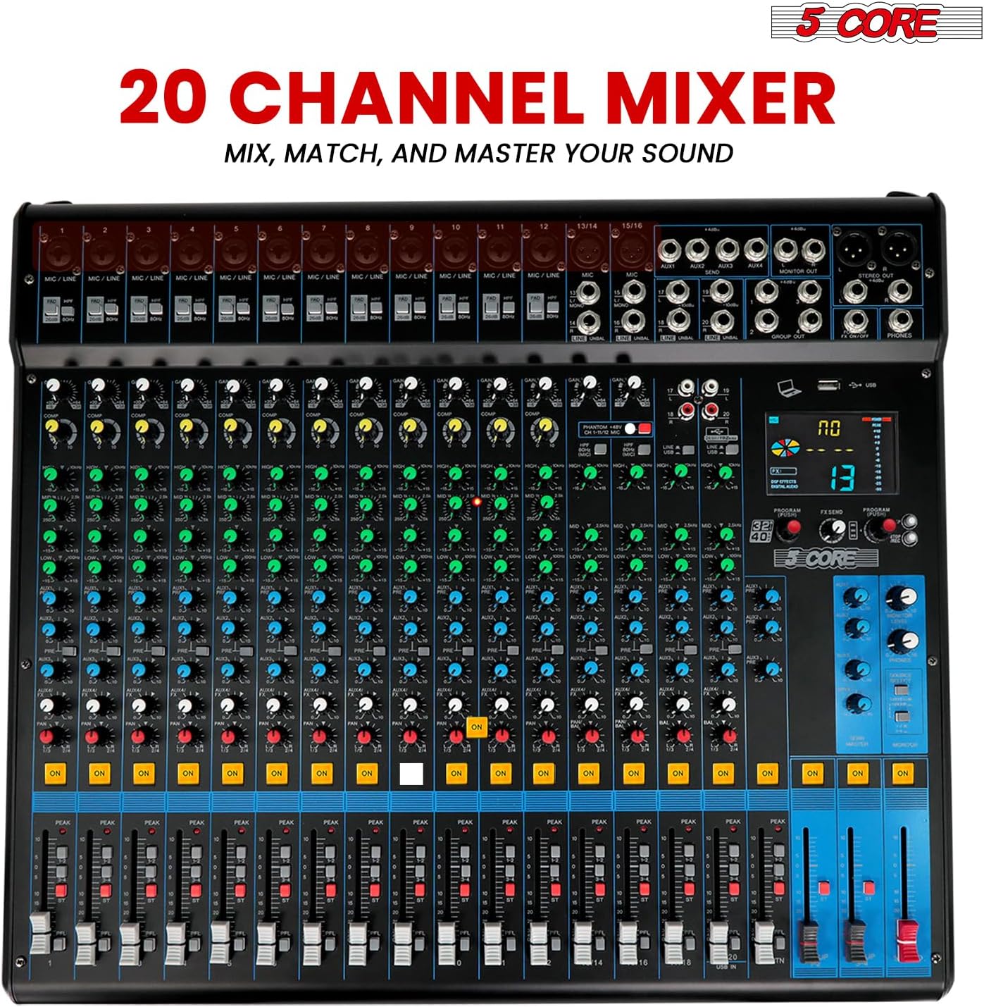 5Core DJ Audio Mixer 20 Channel Professional Stereo Sound Board w 256 digital effects USB Bluetooth 48V Phantom Power Consola De Audio for Studio Recording Podcasting DJ Show - MX 20CH XU