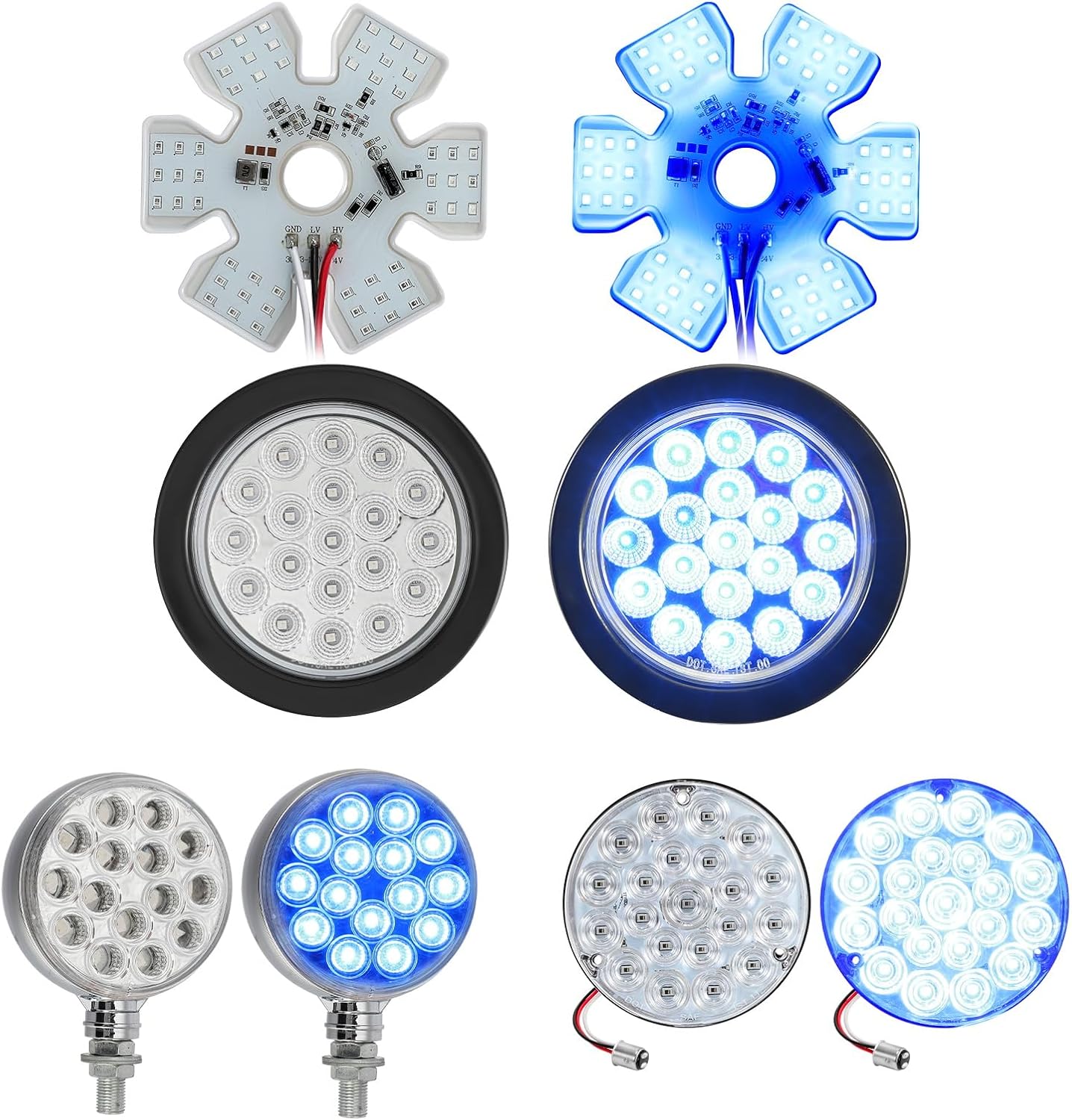 Partsam 2x 4 Blue Round Tail Lights 1157, 2x 4.8 Blue Air Breather Lights, 2x 3 30LEDs Round Double Face Amber Red Blue, 2x 4 Red Blue Round Tail Lights