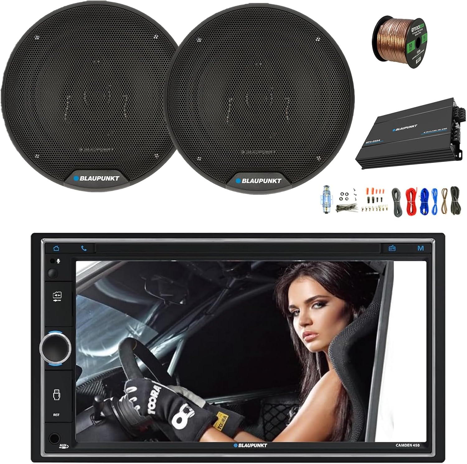 Blaupunkt CAMDEN 450 7 Touchscreen Double DIN Bluetooth AM/FM Digital Multimedia Receiver, 4-Channel Amplifier w/Kit, 2x 6
