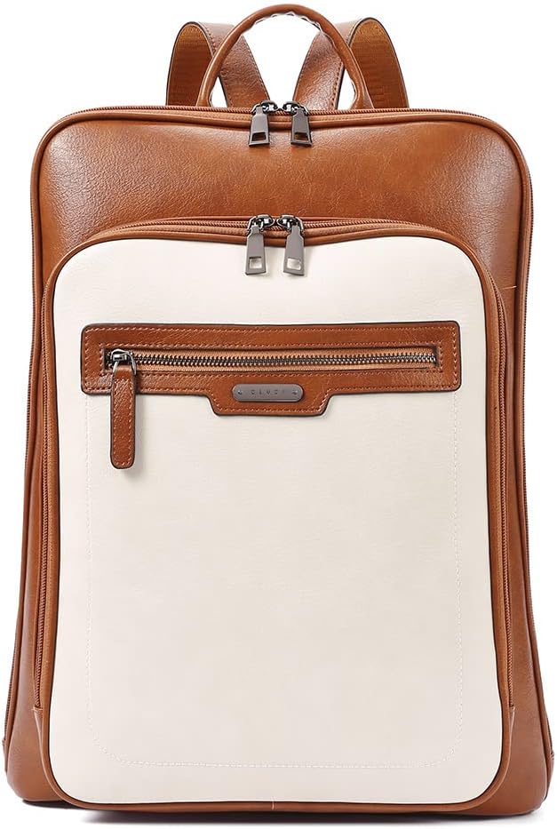 CLUCI Leather Laptop Backpack for Women 15.6 inch Computer Backpack Travel Large Business Work Daypack Off-white with Brown
