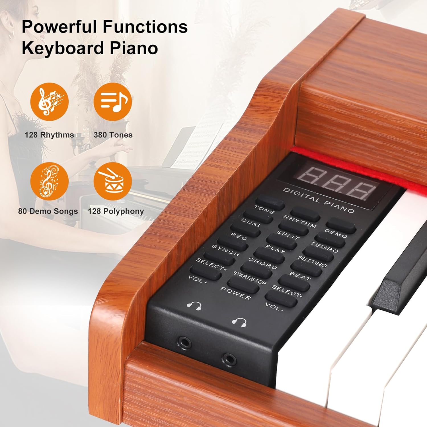 Keyboard Piano,88 Key Full-Size Standard Semi Weighted Keys Electric Piano Keyboard with Triple Pedal,128 Rhythms 380 Tones,2x20w Speakers Digital Piano for Home (Nut-brown)