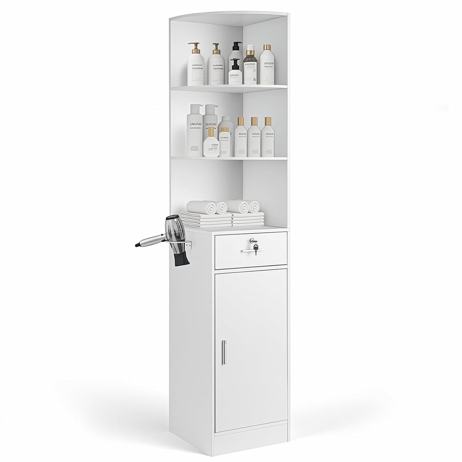 Winado Salon Corner Storage Cabinet, Wall Mount Salon Station with Lockable Drawer, Bottom Cabinet, Open Shelves, Hair Dryer Holder for Home Beauty & Barber Shop Spa Equipement, White