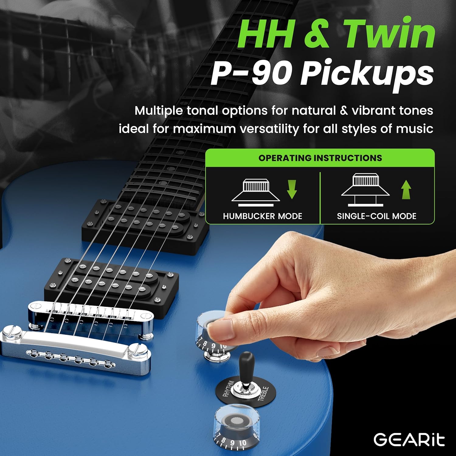 GEARit 39 Inch Full Size Electric Guitar Bundle w/Amplifier, H-H Pickups with Coil Split, Starter Kit with Tuner, Gig Bag, Strap, Cable, Picks, Strings - GI-155 Valley Series, Blue