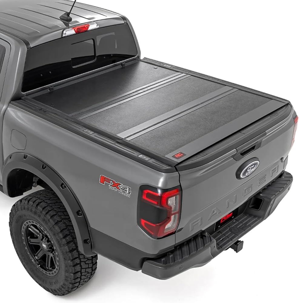 Rough Country Hard Low-Profile Tri-Fold Tonneau Cover for Ford Ranger (2024-2026) - Low-Profile Aluminum Truck Bed Cover, Fits 5' Bed