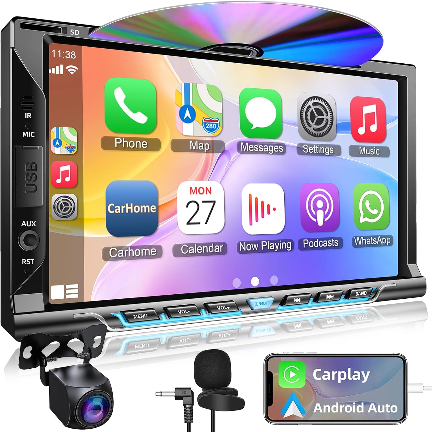 Double Din car Stereo with CD/DVD Player- CarPlay & Android Auto, Car Audio with Bluetooth, 7 Inch HD Touchscreen, Rear Camera, USB/TF/AUX, AM/FM, Subwoofer Radio Receiver