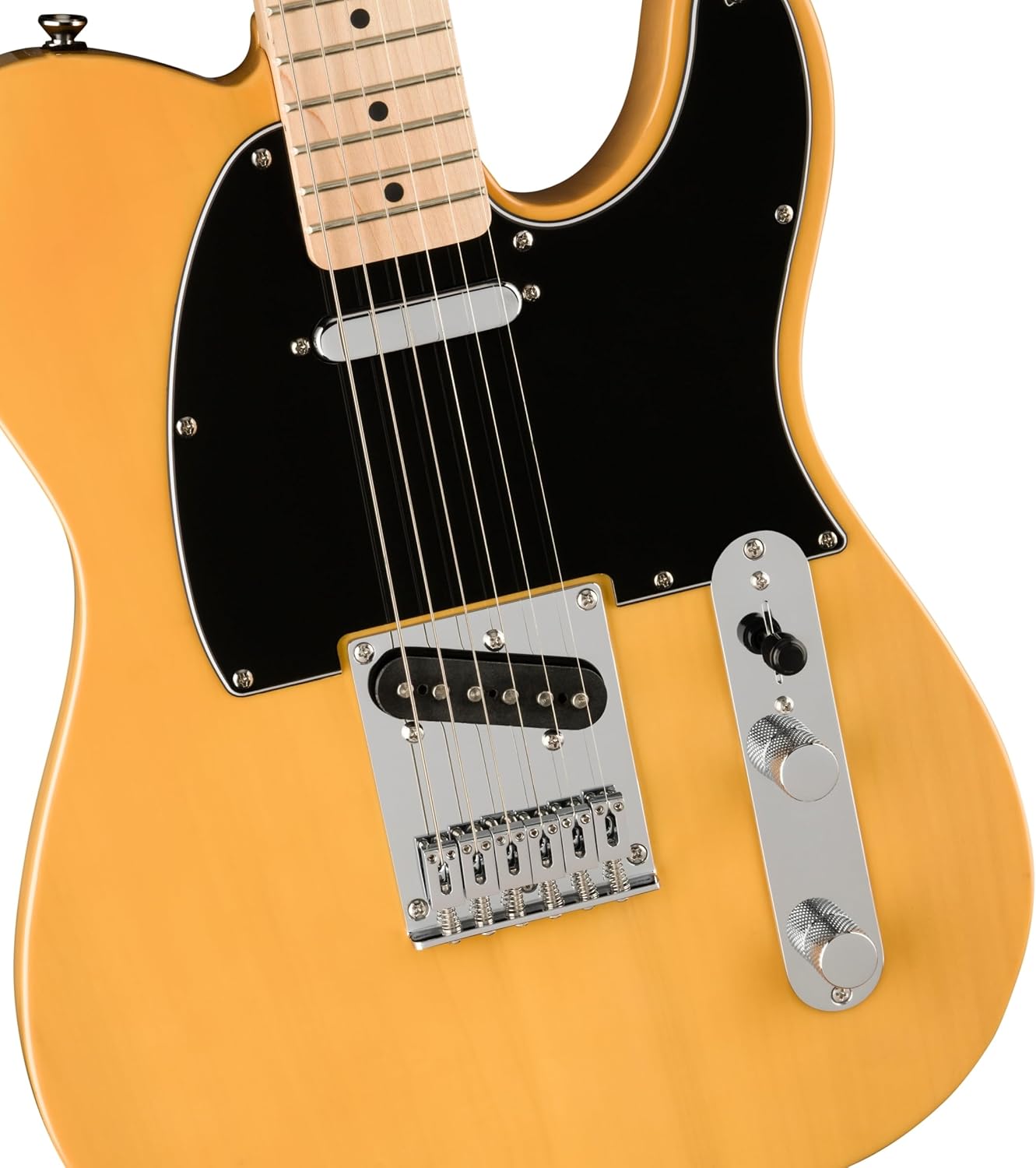 Fender Telecaster Guitar Squier Affinity Series, Maple Fingerboard, Butterscotch Blonde Bundle with 12x Fender Guitar Picks & Liquid Audio Instrument Polishing Cloth