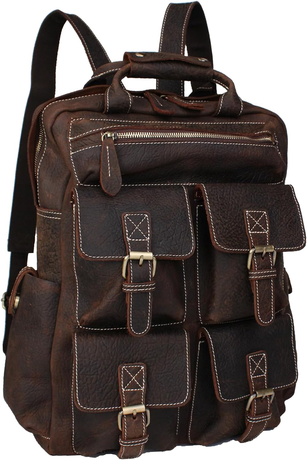 Retro Crazy Horse Leather Men's Backpack Large Capacity Multi Pocket Cowhide Leather Bag Fits 16 