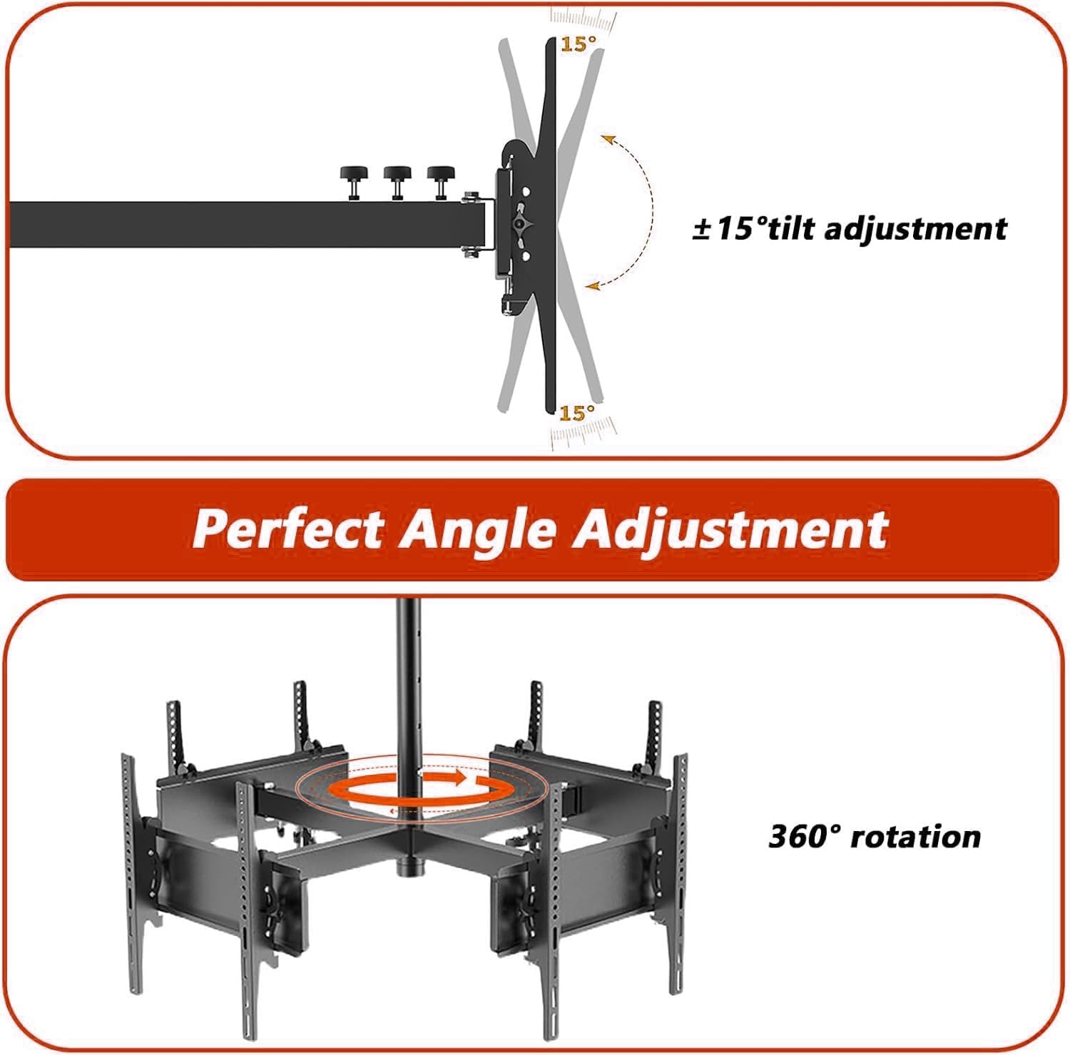 4 Sides Ceiling TV Mount Bracket - Tv Wall Mount, 360° Rotating Telescopic TV LIF, Height Adjustment TV Hanger, 4 Movement Flat/Curved Screen Bracket, Hanging Roof Bracket