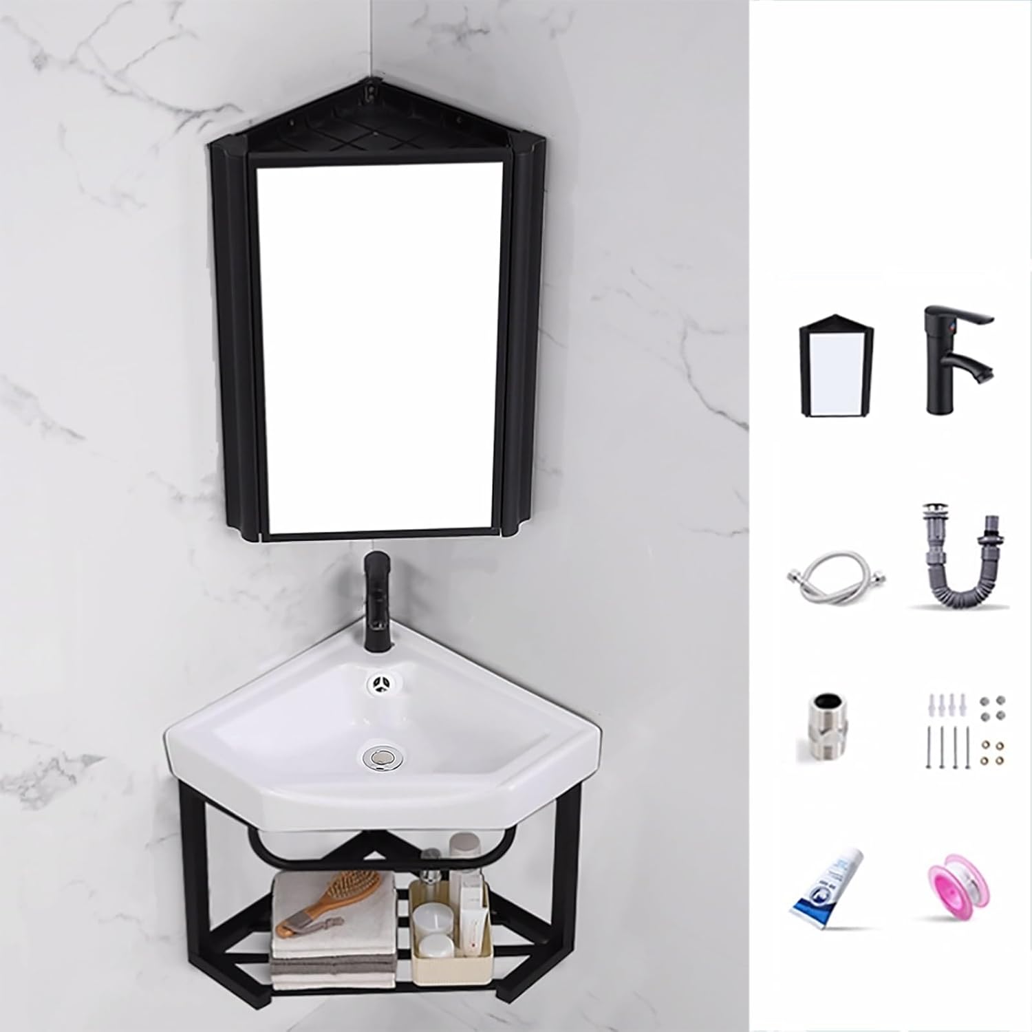 Corner Wall Mount Bathroom Sink corner ceramic sink small utility sink narrow bathroom vanity Bathroom Cabinet With Faucet And Drain small corner sink White Resin Basin Sink for Small Space(16.5in/42c