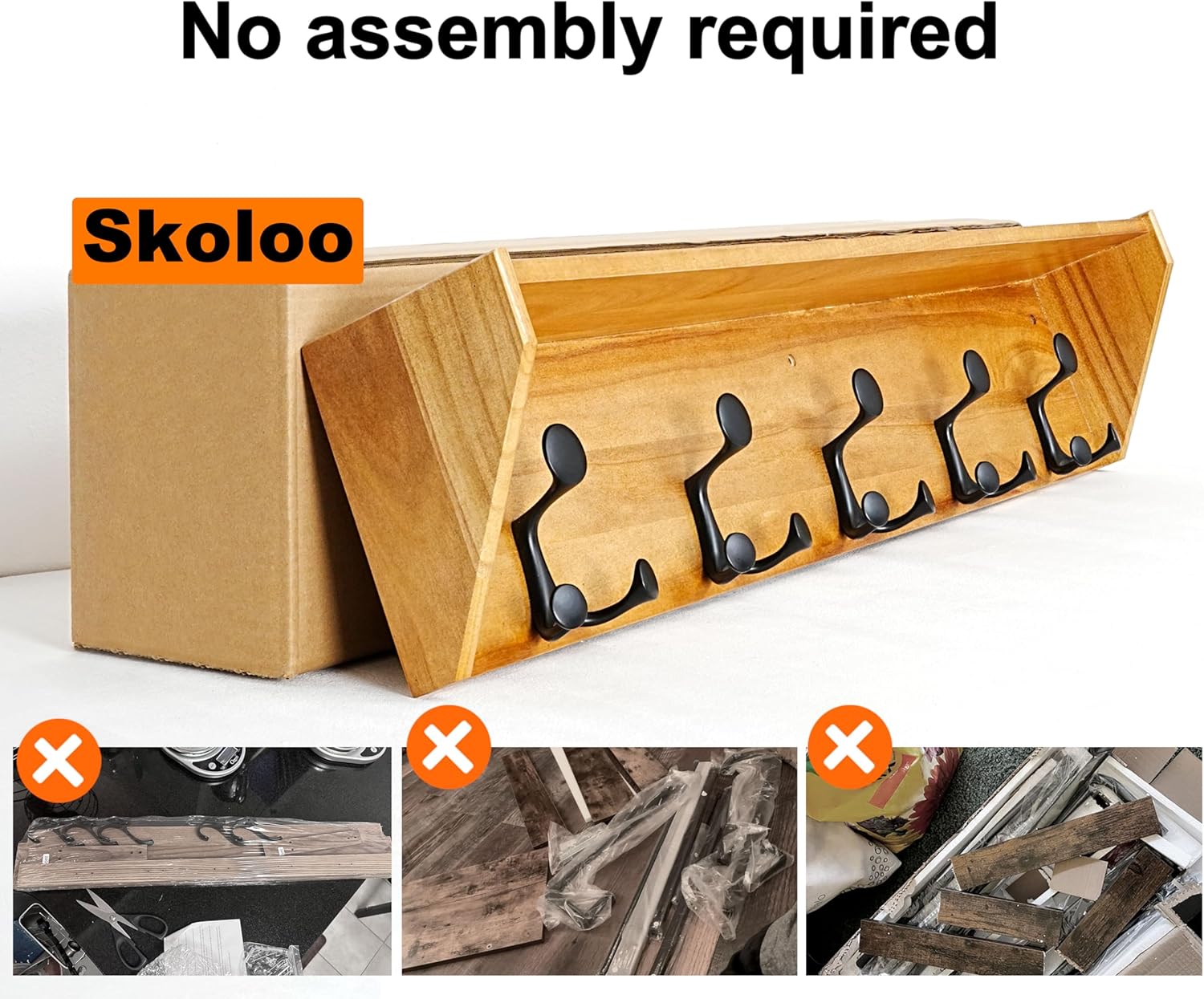 SKOLOO Wall Shelf with Hooks, 24-Inch Brown Coat Rack Wall Mount with Shelf Organizer - Lightweight & Sturdy​​, 5 Tri Hooks - Perfect for Entryway, Hallway, Living Room, Bedroom, Mudroom