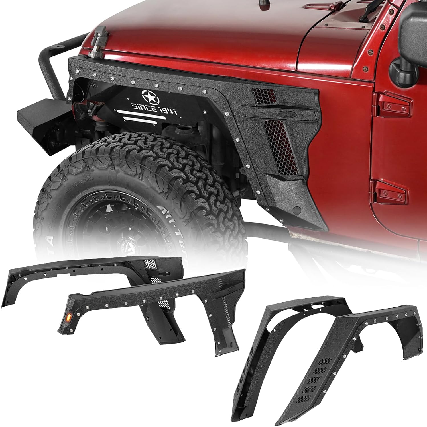 Hooke Road 2-Door JK Fender Flares Kit w/Turn Signal Lights for 2007-2018 Jeep Wrangler JK 2-Door Only - 4PCS Armor Style Front and Rear Steel Fenders
