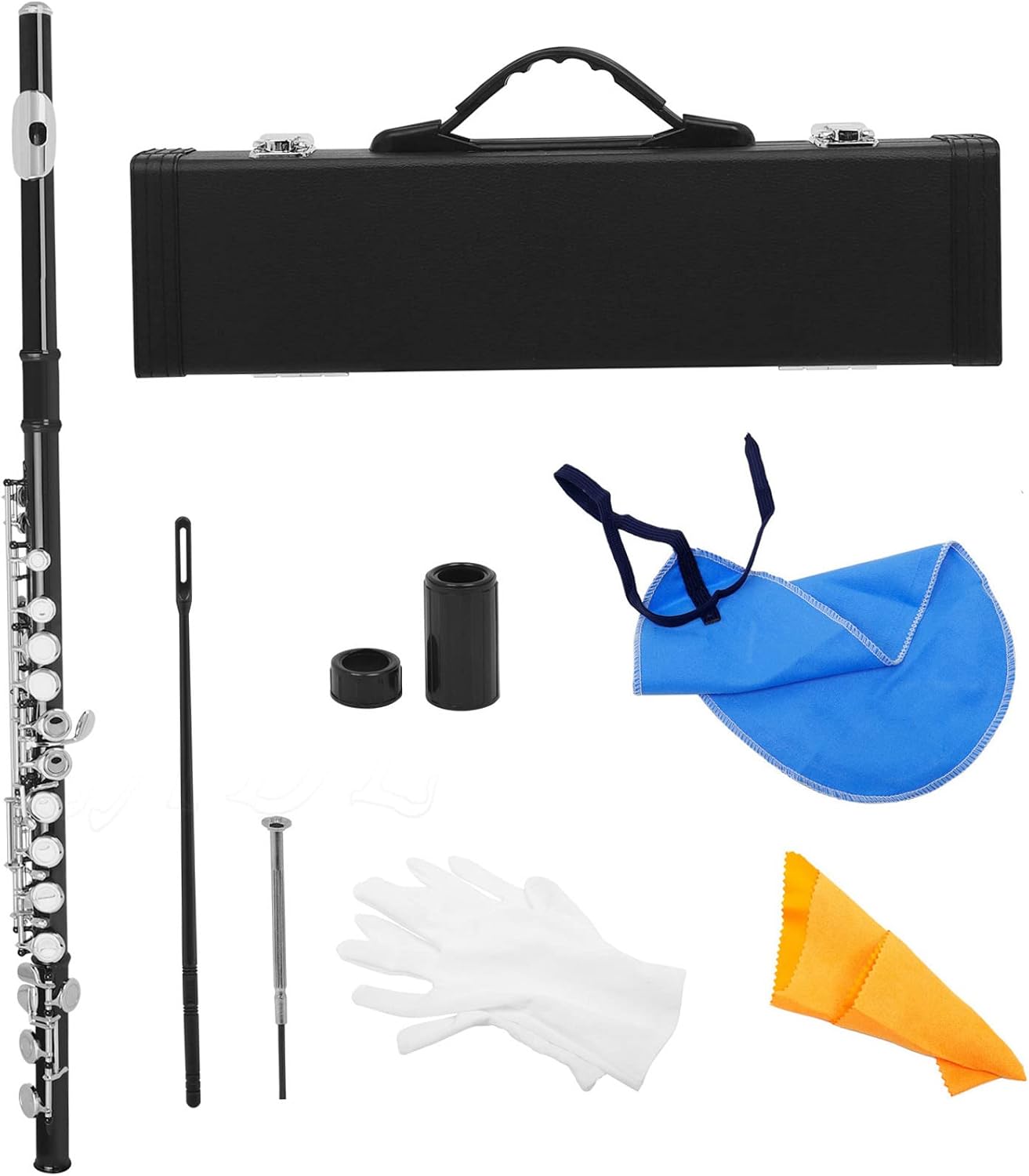 Flute, Cupronickel Nicke Plated 16 Holes C Key Woodwind Instrument with Cleaning Cloth Stick Gloves Mini Screwdriver Padded Case
