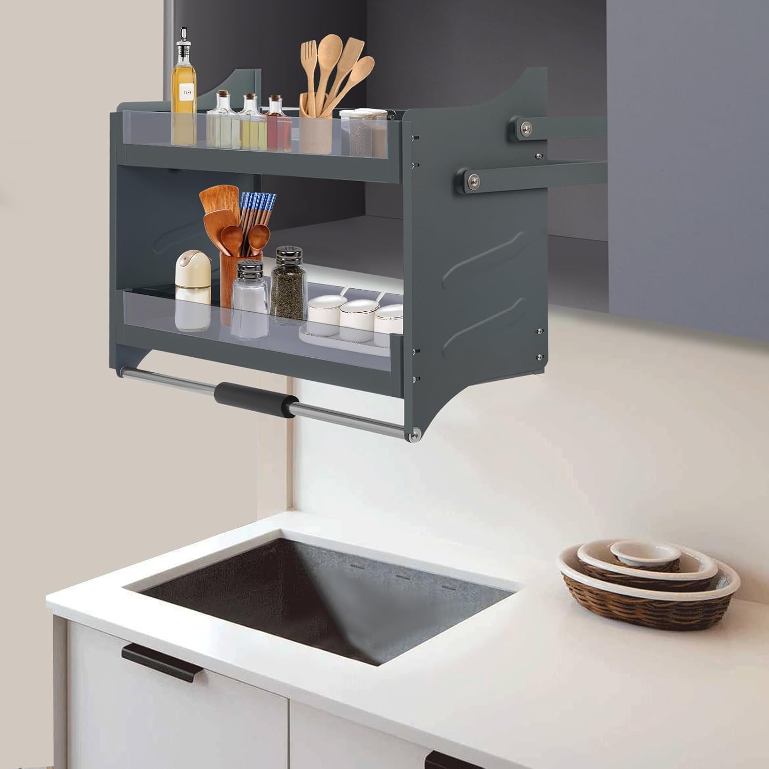 Pull Down Shelf for Upper Cabinets - 30 Inch 2-Tier Wall Mount Organizer with 26.5lbs Capacity, Tempered Glass & Aluminum Alloy for Kitchen Storage, Spices, Dishes