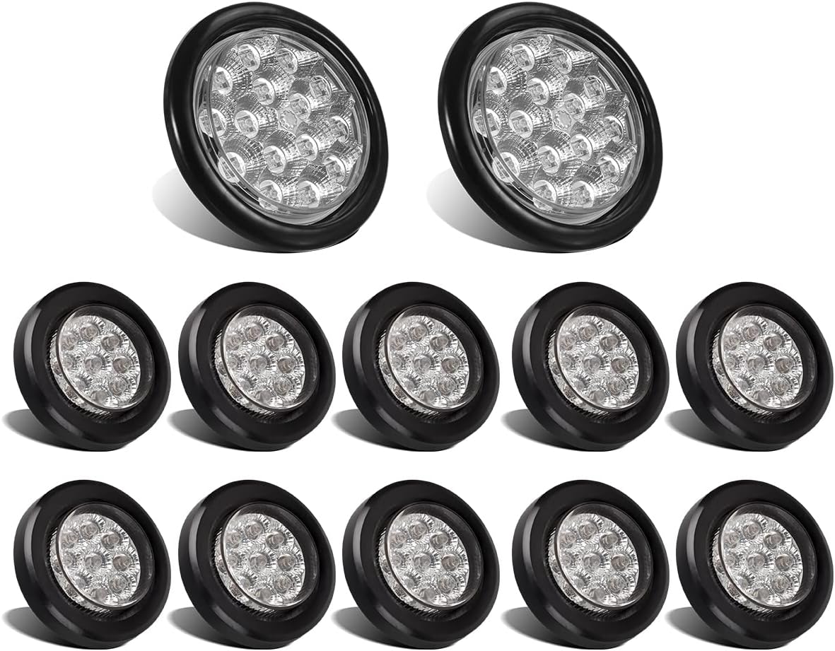 Partsam Led Trailer Lights Kit Clear Lens, 2Pcs 4 Inch Round Led Trailer Tail Lights HARDWIRED 15LED + 10Pcs 2 Inch Round Amber LED Side Marker Lights 9 Diodes w/Grommet Plugs and Wire Pigtails