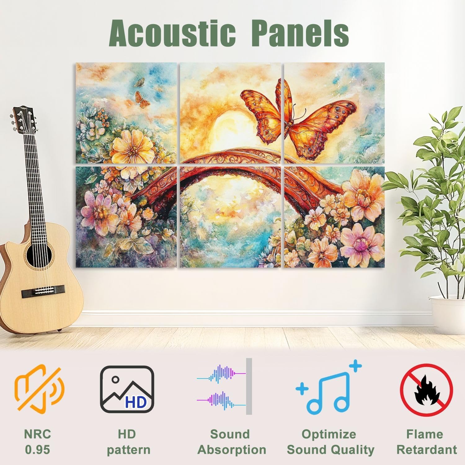 6 Pack Art Acoustic Panels Sound Absorbing Bridge Sunset Flowers Butterfly Ornate Clouds Watercolor Vivid Colors Decorative Soundproof Wall Panels Self Adhesive for Recording Studios Office 72