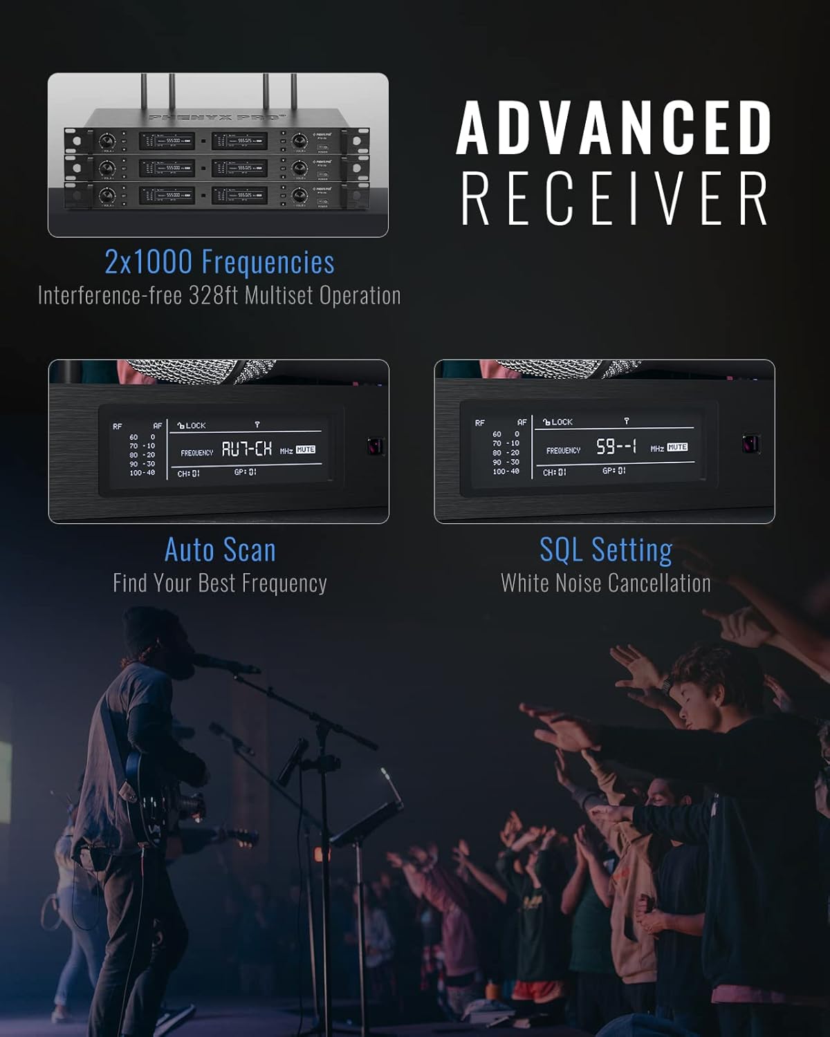 Phenyx Pro Wireless Microphone System, True Diversity Dual Cordless Mic Set, Professional UHF Handheld Wireless Microphones w/Auto Scan, 2x1000 Channels, 328ft for Stage & Studio (PTU-2U-2H)