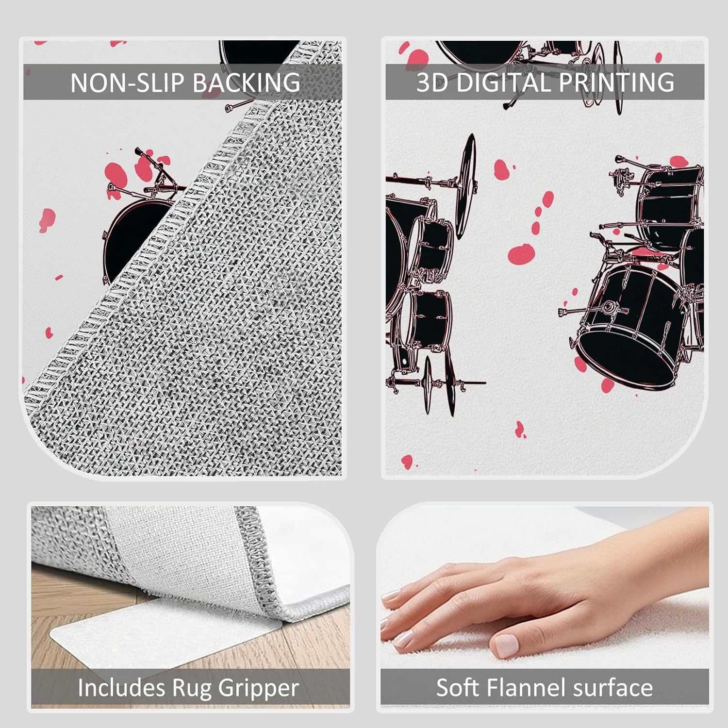 White Machine Washable Area Rug, Musical Instrument Drum Pattern Soft Area Rug - Non Slip Stain Resistant Low Pile Carpet with Non Slip Backing 5 x 6 ft for Living Room Bedroom Playroom