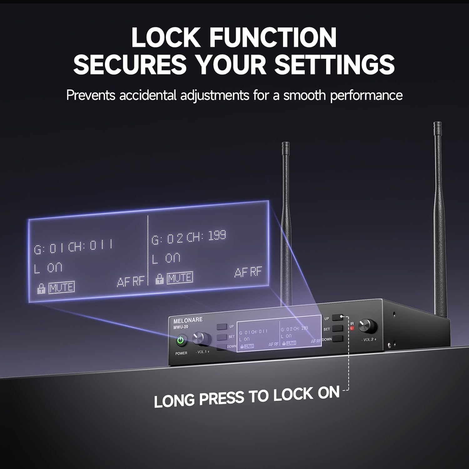 Dual Channel Wireless Microphone System, MELONARE Auto-Scan Professional Cordless Dynamic Mic Set, 260ft Range, 2x100 UHF Metal Wireless Mic for Singing, Karaoke, Church, Wedding, DJ (MWU-20-2H)