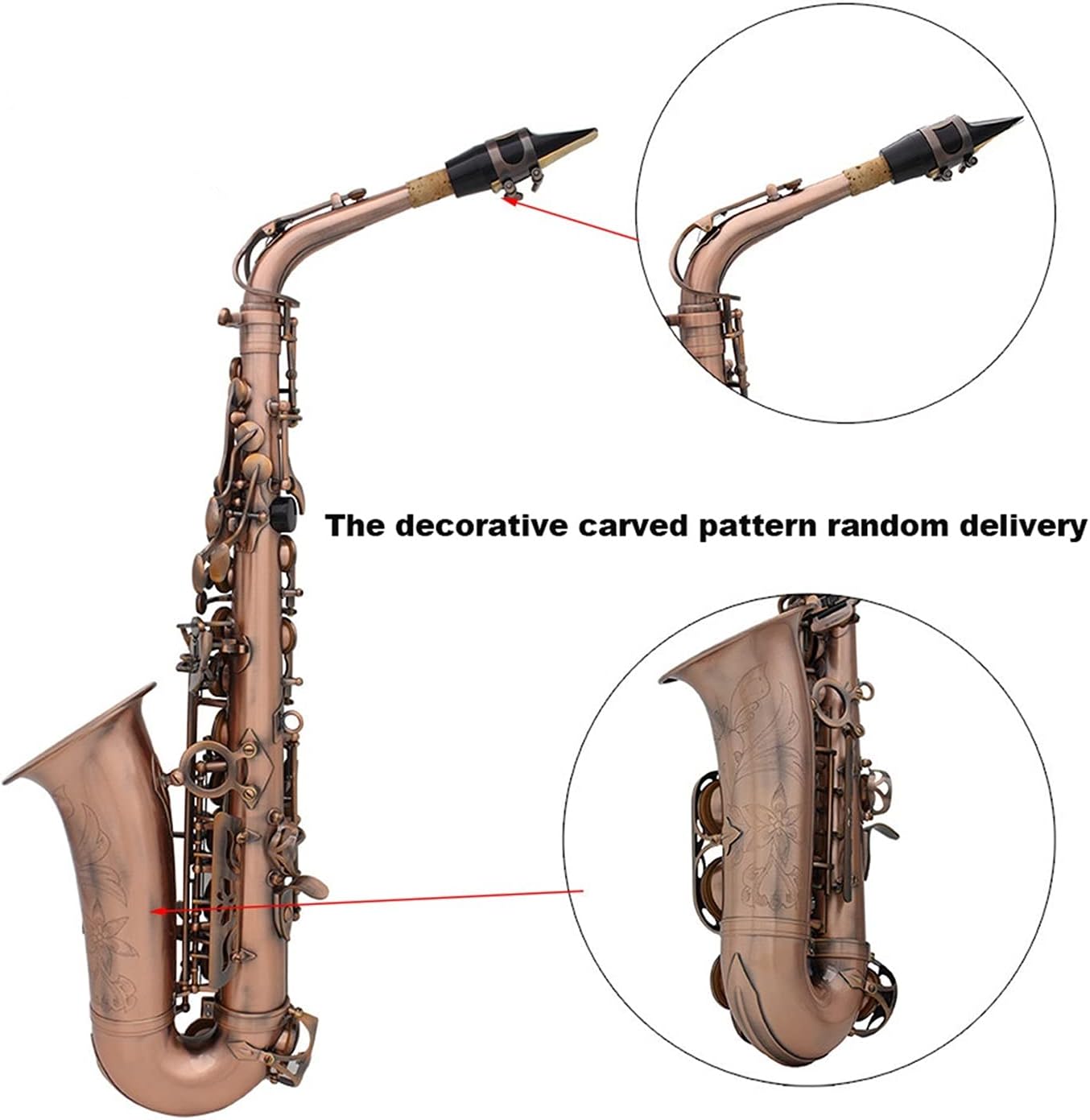 Sax Beginners Kit Professional Red Bronze Bend EB E Flat Alto Saxophone Sax Abalone Shell Key Carve Pattern with Case Gloves Cleaning Straps Brush Wind Instrument