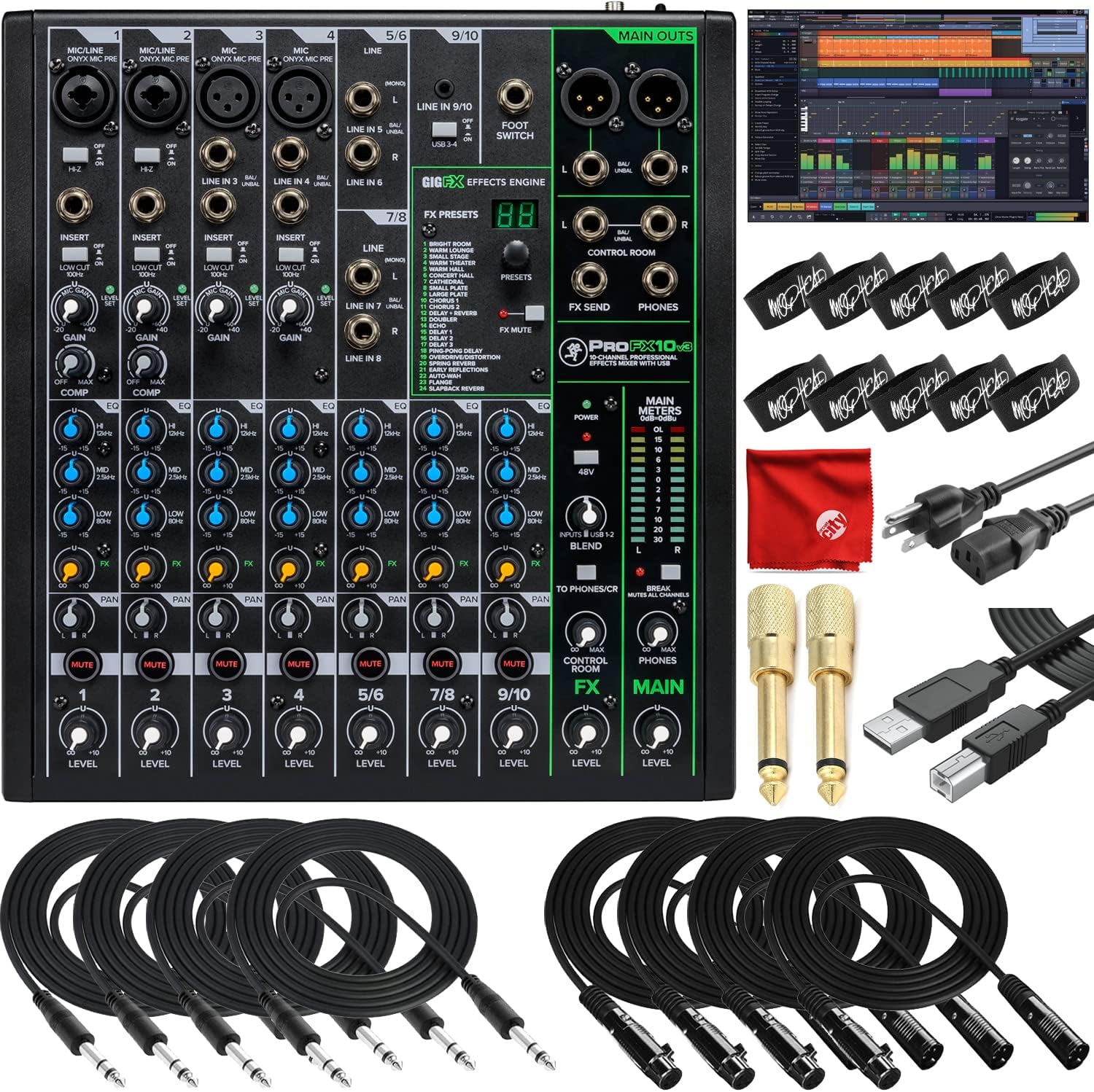 Mackie ProFX10v3 10-Channel Unpowered Mixer USB Bundle with Waveform OEM DAW, 4x Mophead 10-Foot TRS Cable, 4x 10-Foot XLR Cable, 2x 1/4