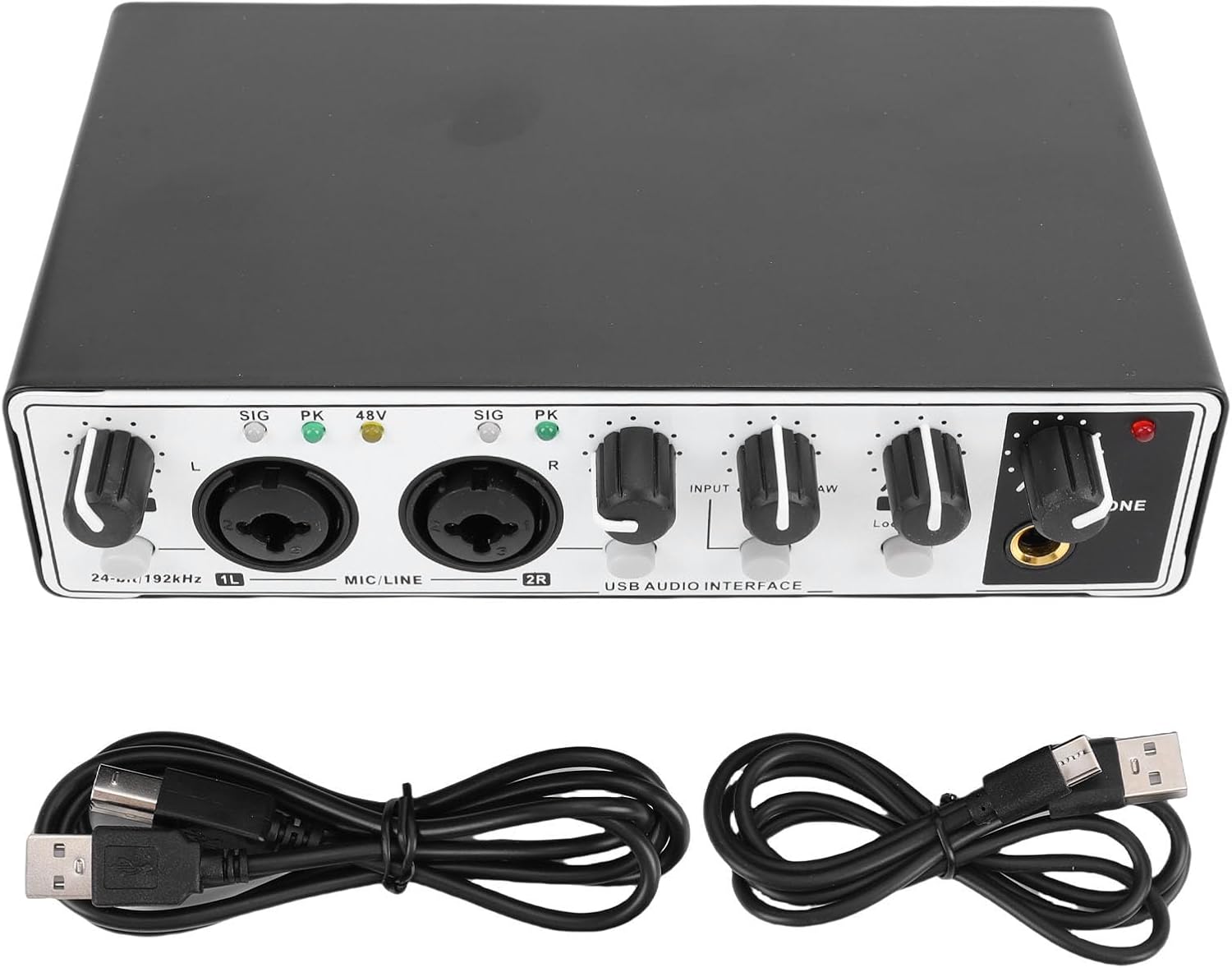 USB C Audio Interface for Recording Music, 24 Bit 192 KHz XLR Input 48V Power Supply with 2 x 1/4in (6.35mm) Outputs, for Recording Streaming Podcasting (Black White)