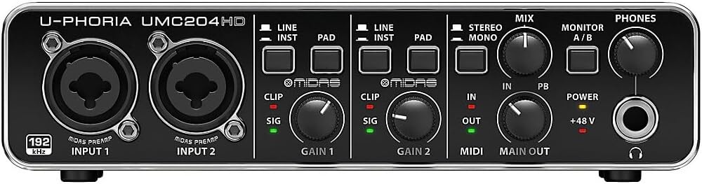 Behringer UMC204HD Audiophile 2x4, 24-Bit/192 kHz USB Audio/MIDI Interface with Midas Mic Preamplifiers | For Recording Microphones and Instruments