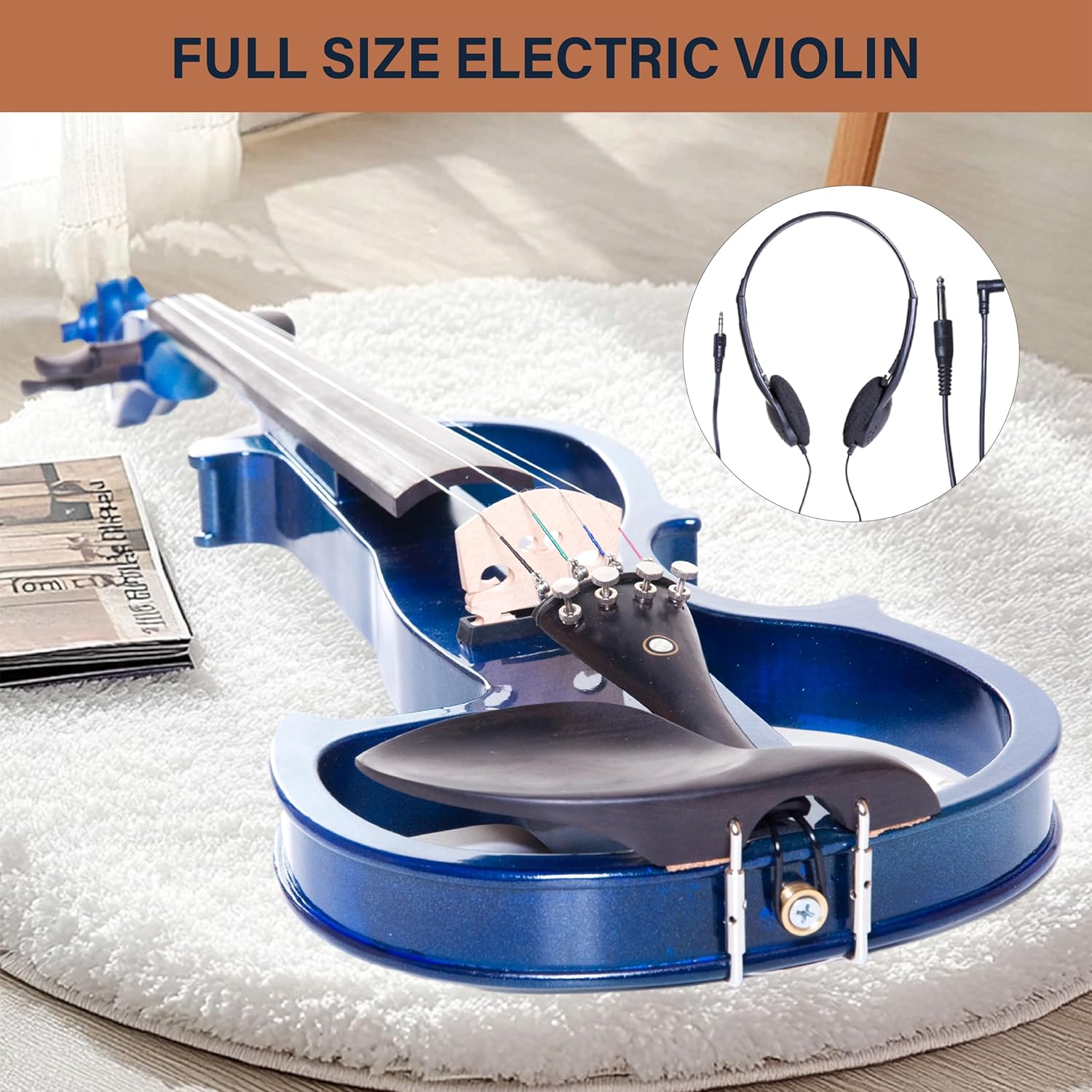 Cecilio 4/4 CEVN-2BL Electric/Silent Violin with Ebony Fittings in Blue Metallic Varnish (Full Size) – Ideal for Practice and Performance