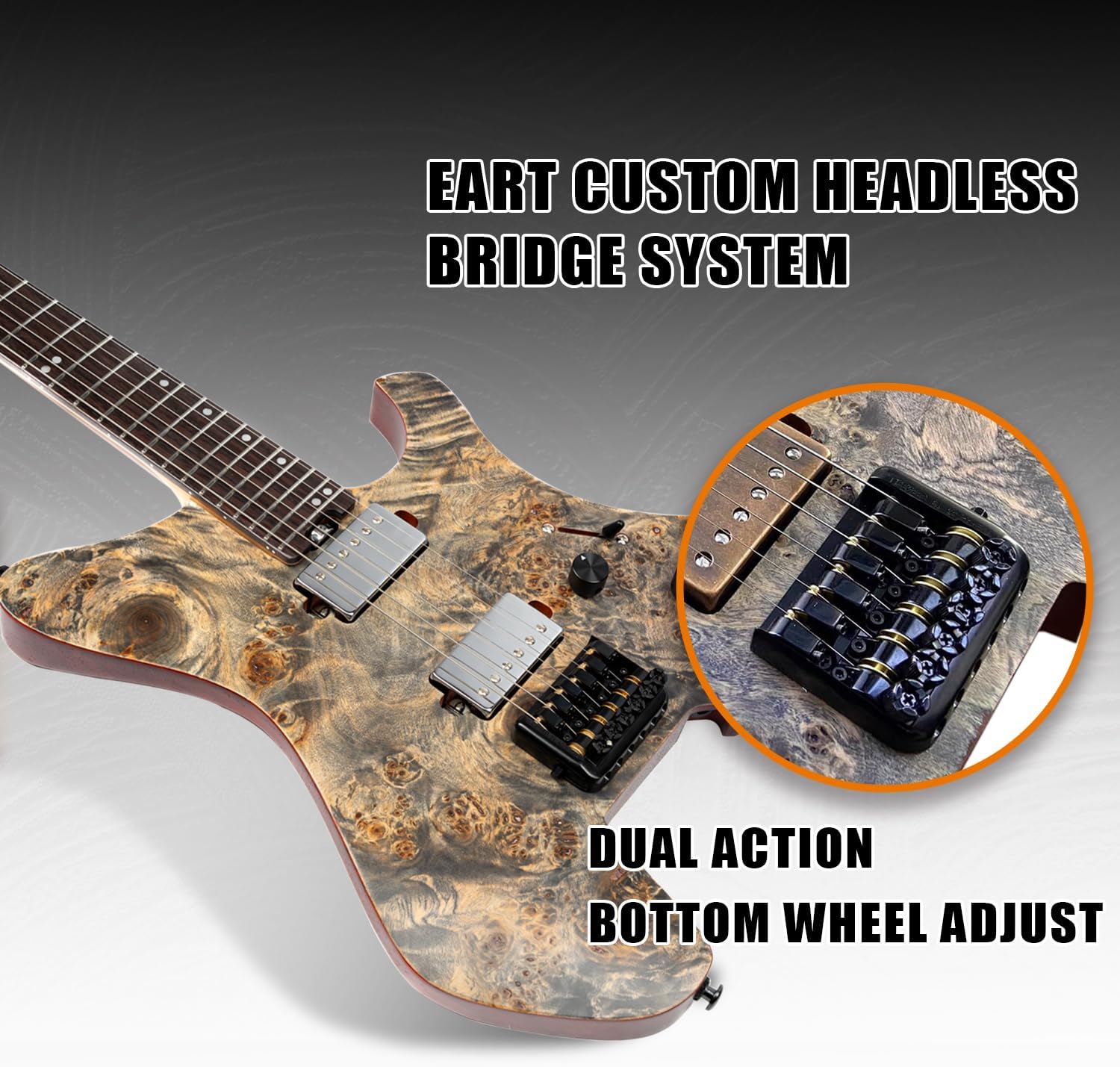 EART GW2 Solid body Headless Electric Guitar, 25.5 inch Scale, Roasted Padauk Body, Rosewood Fingerboard, Black