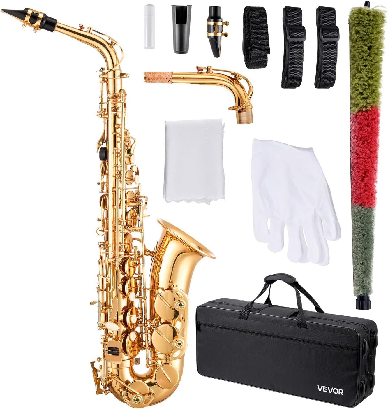 VEVOR Alto Saxophone, E Flat, Brass Saxophone Beginner Kit with Carrying Case, Mouthpiece, Straps, Cleaning Cloth Rod, Gloves, Grease, Neck Strap, 23 Keys Alto Sax Kit, for Beginners Students, Gold