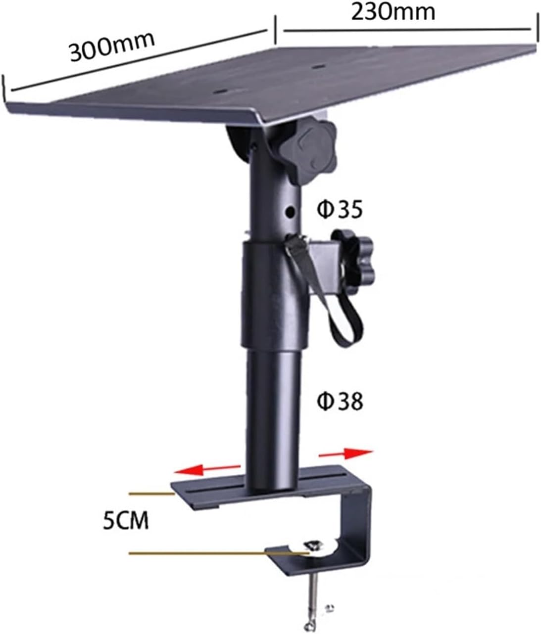 XP-07 Height Adjustable Speaker Table Stand with Tray 0-50mm with Large Clamp Base to Move Along The Base