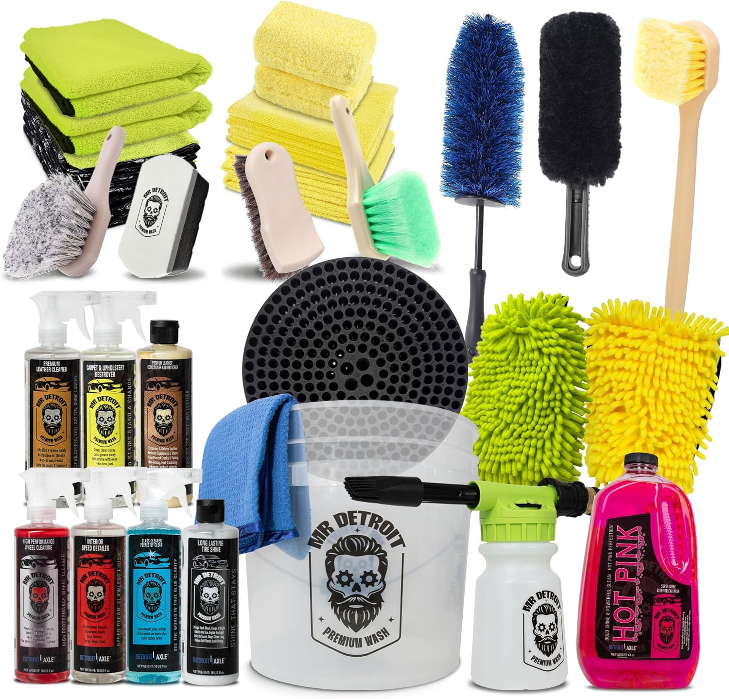 Mr. Detroit - 27pc Car Wash Kit| Foam Blaster, Car Care Cleaners, Bucket, Car Wash Gloves & Towels Wheel Brushes Glass Cleaners Sponge Pads Leather Conditione, Exterior Interior Detailing for Vehicles