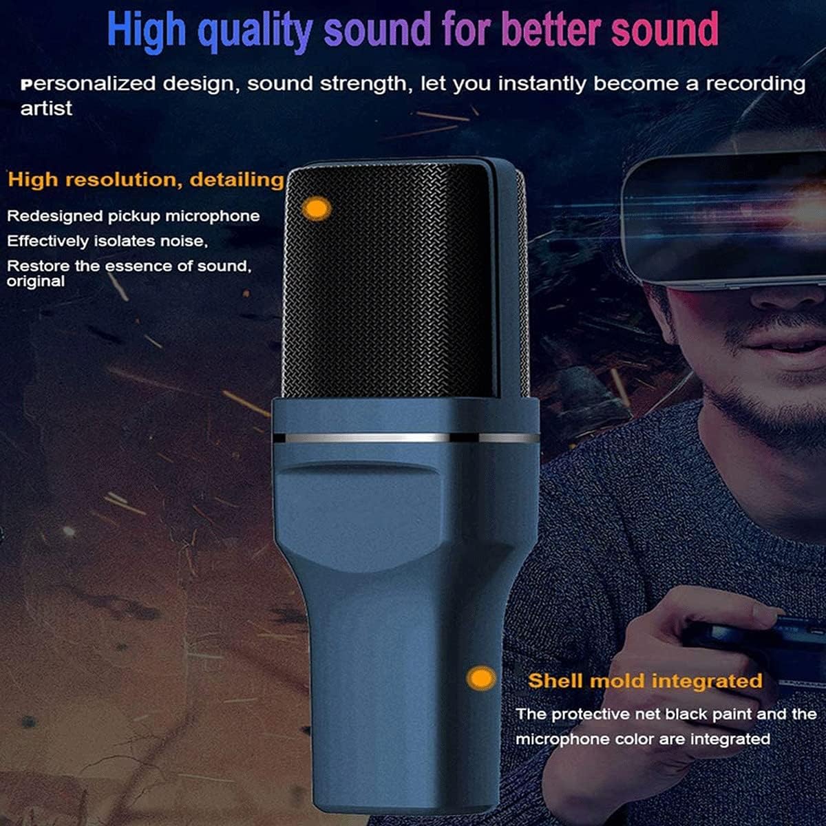 USB Condenser Microphone, Professional Studio Cardioids Microphones Kit with Windscreen and Shock Mount (Color : Black) (Blue)