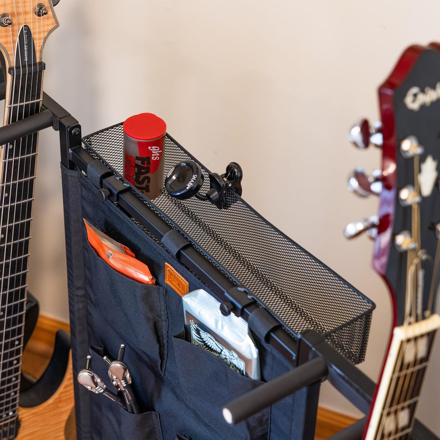 StoreYourBoard The Headliner Guitar Rack, 10 Storage Slots, Multiple Guitar Floor Stand for Acoustic and Electric, Black Canvas Storage Pockets, Hardwood Shelf