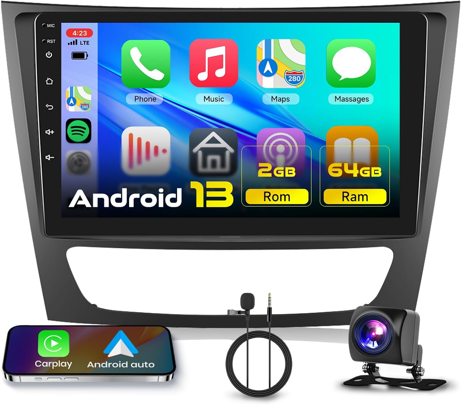 2G+64G Car Radio Stereo for Mercedes Benz E Class W211 E200 CLS W219 2002-2009,Wireless CarPlay/Android Auto, 9 Inch Android 13 Touch Screen GPS WiFi Bluetooth FM/RDS EQ HD Backup Camera