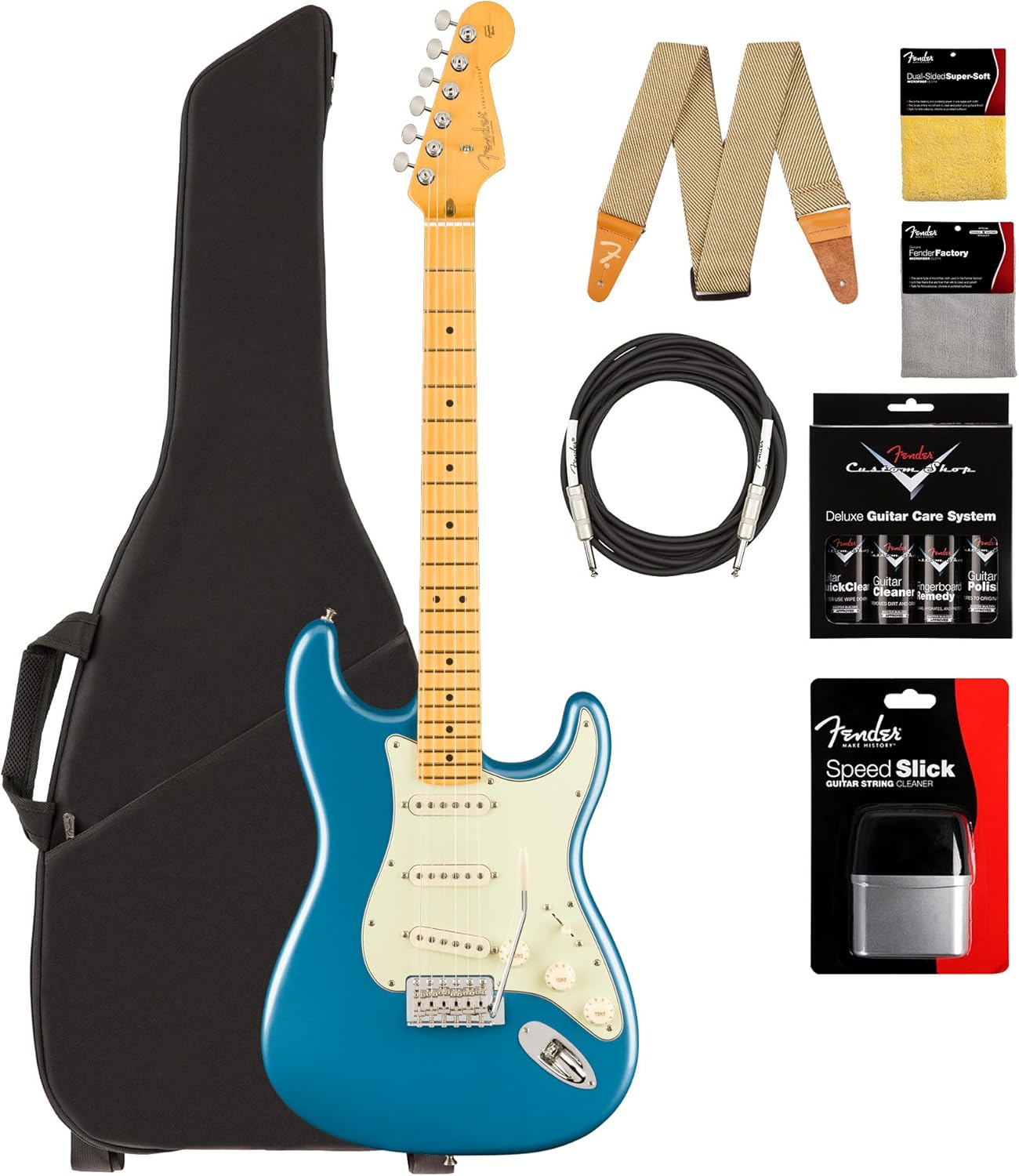 Fender American Professional Classic Stratocaster - Faded Lake Placid Blue Bundle with Gig Bag, Strap, Cable, and Guitar Cleaning Kit