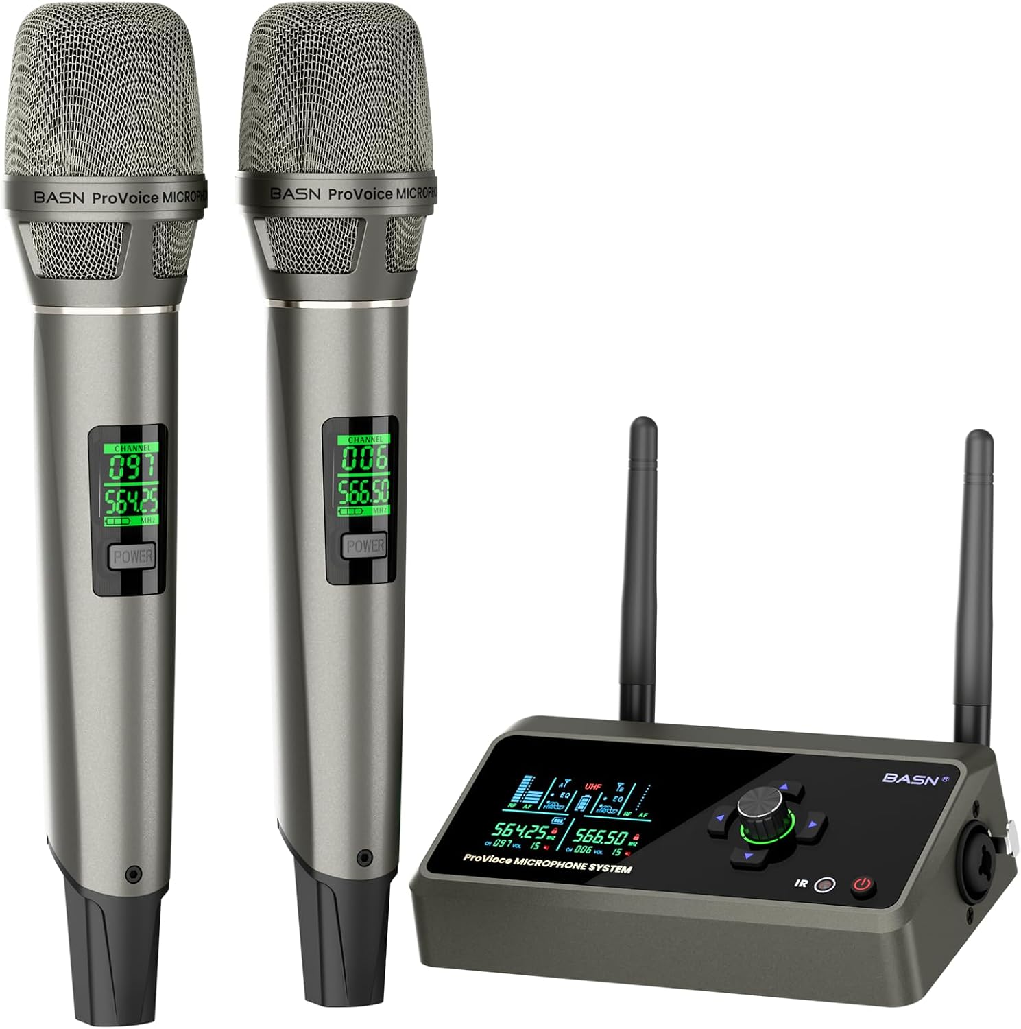 BASN Rechargeable UHF Wireless Dual Microphone System, Durable Mic and Mini Receiver with EQ/Reverb for Outdoor Events, Gatherings Parties Socials Weddings Festivals Karaoke (Champagne Silver)