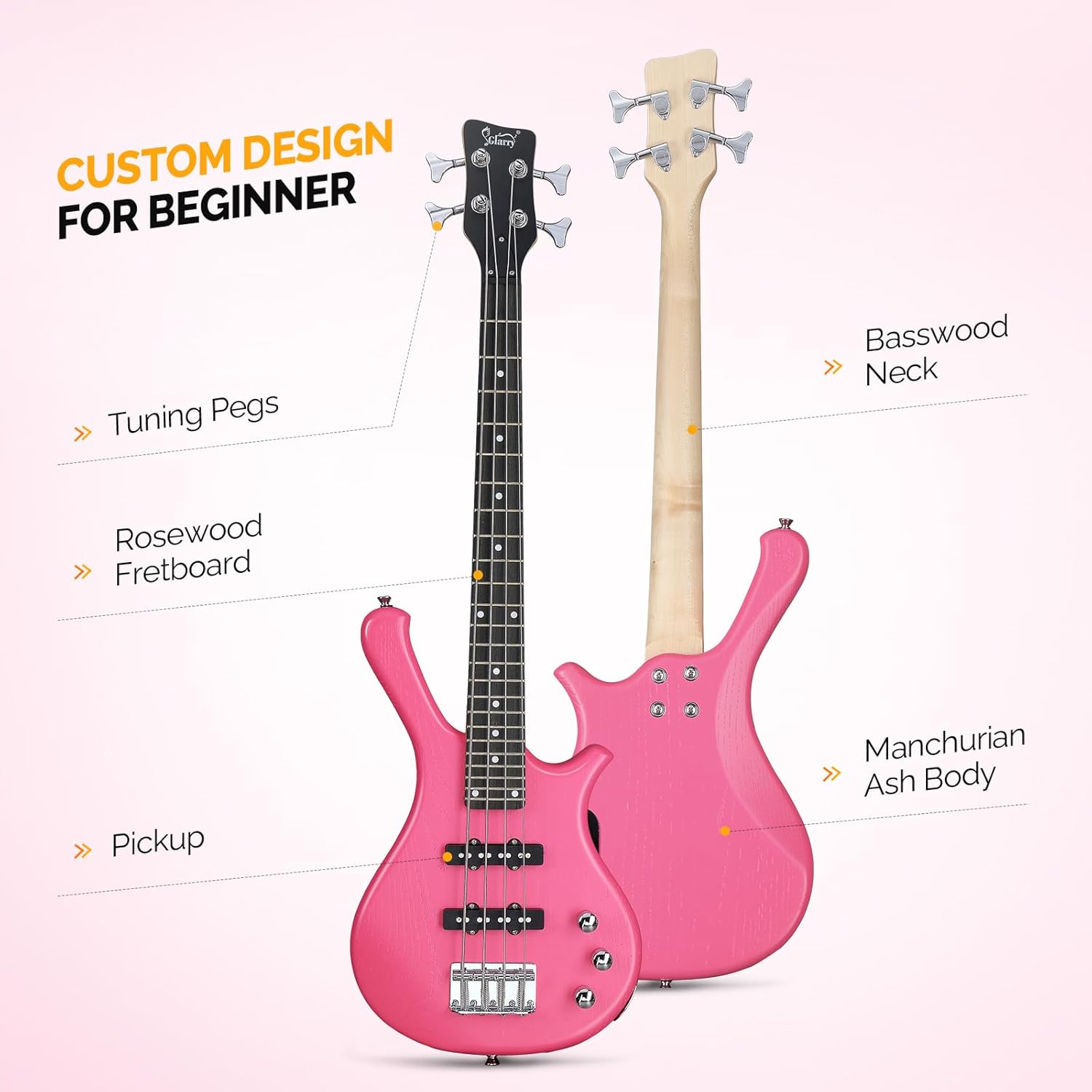 GLARRY 4 String Electric Bass Guitar, 36-inch Bass Guitar Beginner Kit with Cable, Strap and Bag for All Skill Level, Adults,Travel (Pink)