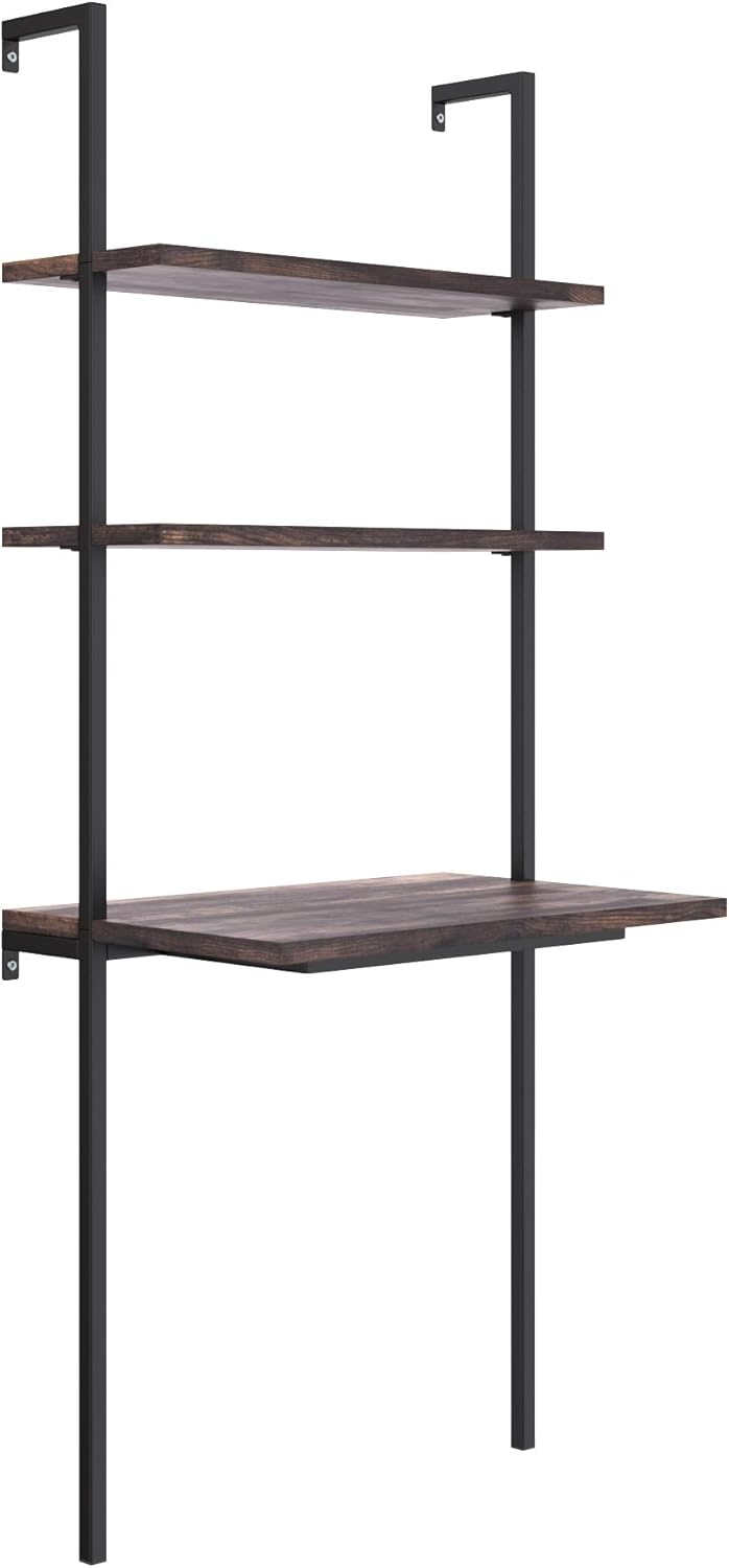 Nathan James Theo 2-Shelf Industrial Wall Mount Ladder Table, Small Computer or Writing Desk, Nutmeg/Matte Black