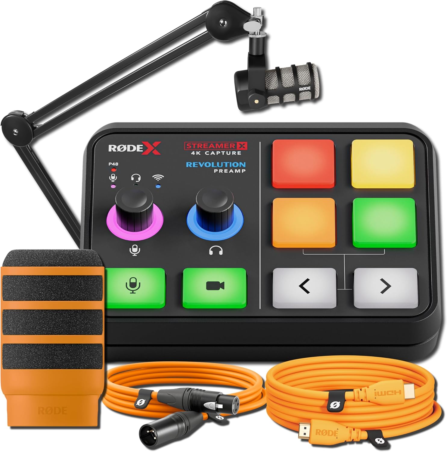 Rode Streamer X Audio Interface/Video Capture Card with PodMic, PSA1 Broadcast Microphone Boom Arm, WS14 Pop Filter, 3m HDMI Cable, and XLR Cable (Orange)