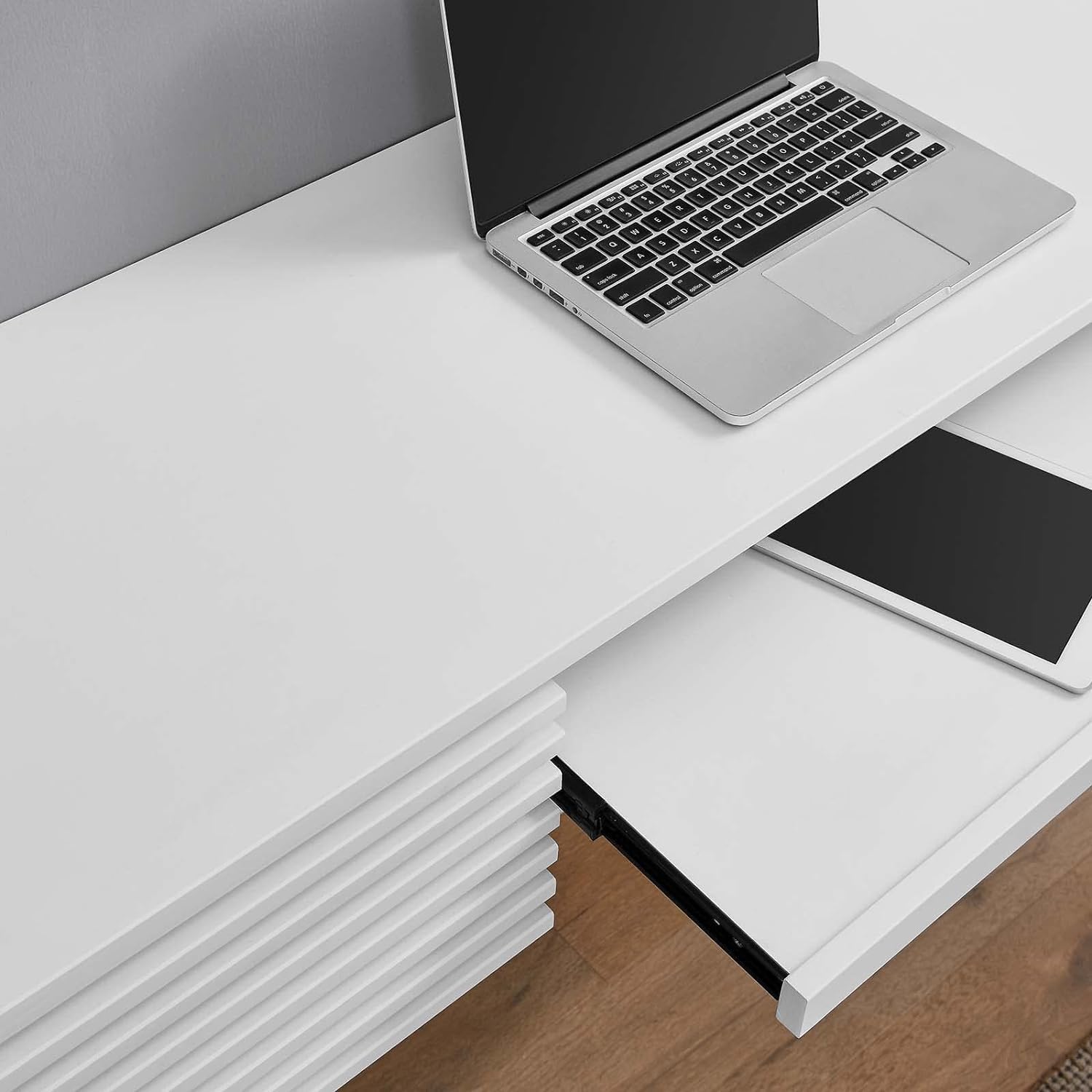 Floating Wall Mount Computer Desk Floating Shelf with 2 Drawer & Keyboard Tray Home Office Desk Workstation, Cable Hole, Laptop PC Table for Living Room, Bedroom, Office, White