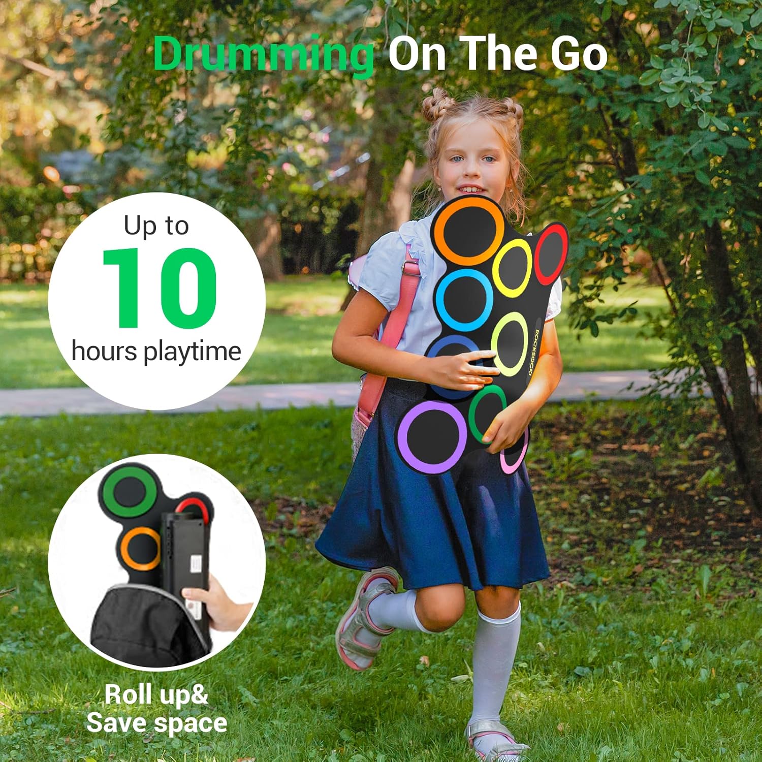 ROCKSOCKI Electric Drum Set 9-Pad With Headphone, Bigger Roll-up Drum Pad USB MIDI Game, Built-in Speaker, Drum Sticks, Foot Pedals 10 Hours Playtime Holiday Xmas Birthday Gift for Kids