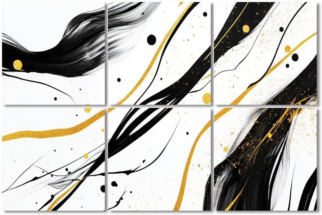 6 Pack Art Acoustic Panels Sound Absorbing Black White Gold Lines Brush Strokes Accents Fluid Dynamic Movement Decorative Soundproof Wall Panels Self Adhesive for Recording Studios Office 72