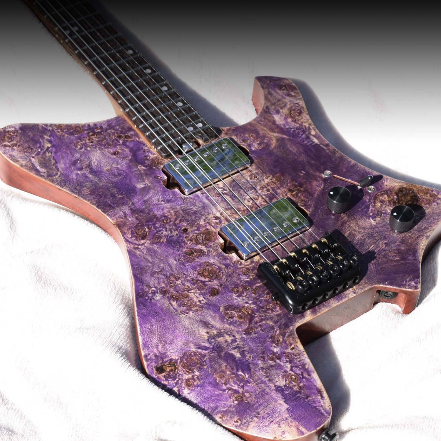 EART Headless Electric Guitar GW2 fixed Bridge for 6 String Travel Guitar, Stainless Steel Frets, Poplar Burl Venner Top, Purple