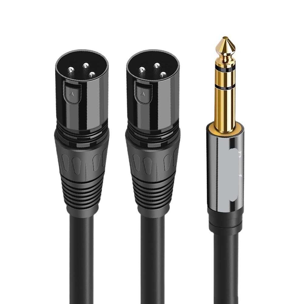 Gold Plated 1/4'' TRS 6.35mm Stereo Ja-ck to Dual XLR Male OFC Audio Cable Foil+Braided Shielded for Speakers