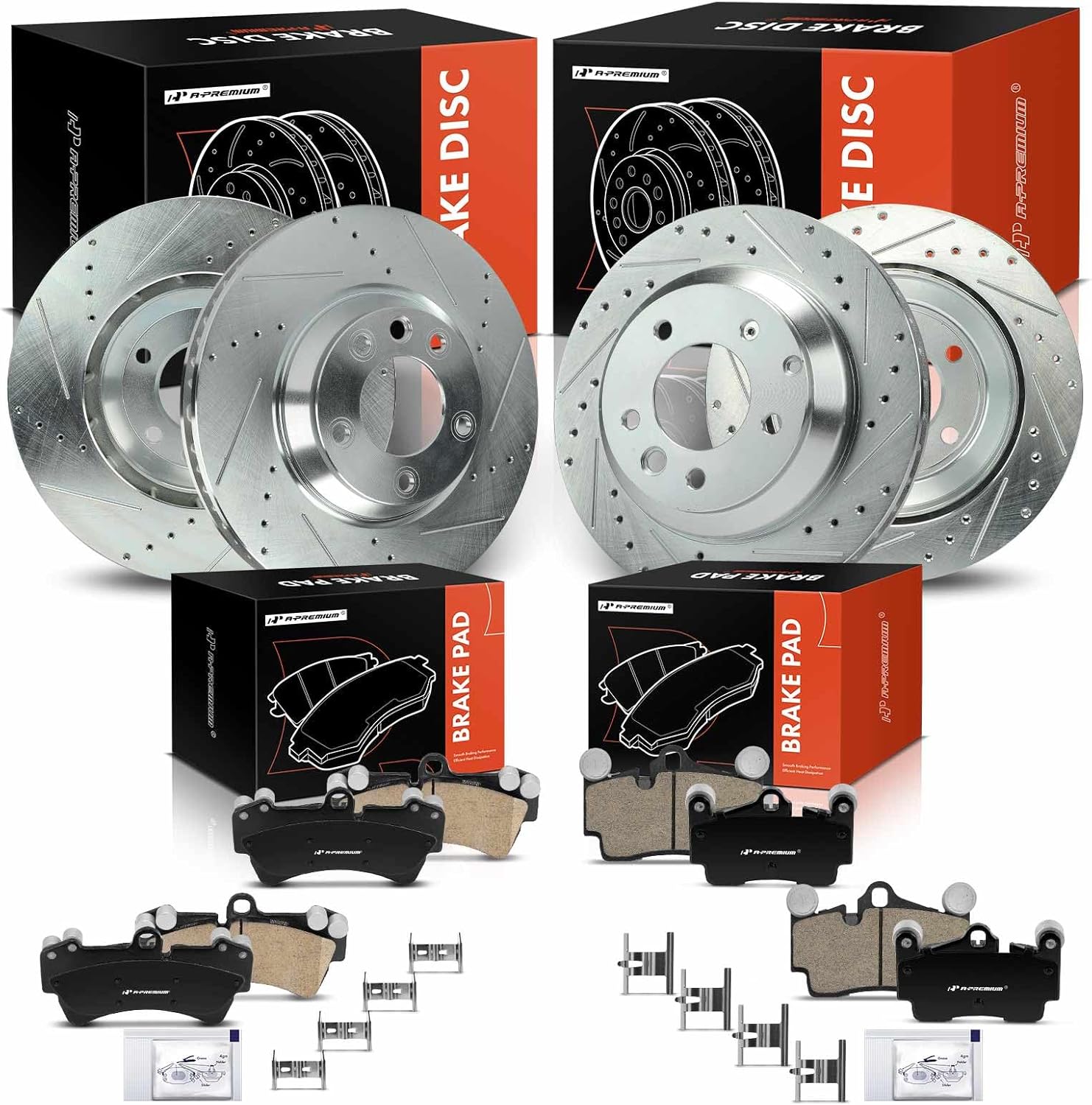 A-Premium Front and Rear Drilled and Slotted Disc Brake Rotors + Ceramic Pads Kit Compatible with Select Audi, Porsche and Volkswagen Models - Q7 2007-2015, Cayenne, Touareg, 12-PC Set