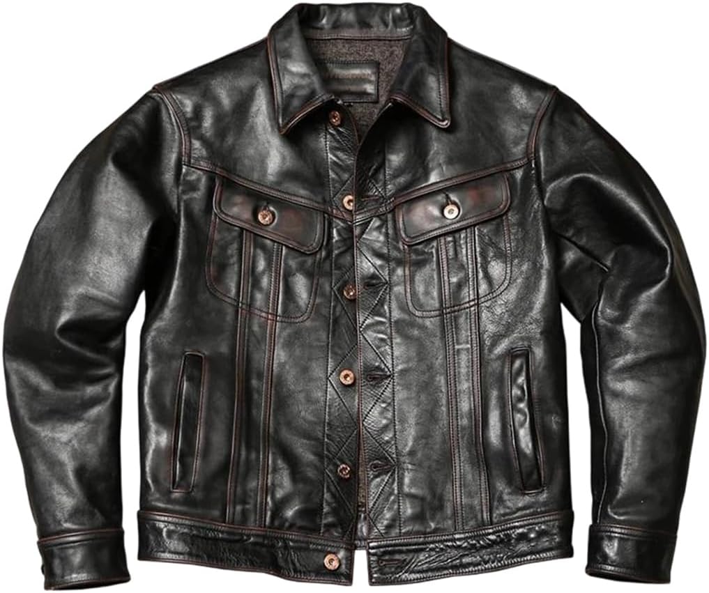 Men Retro Vintage Style Plus Size Genuine Natural Cowhide Single Breasted Leather Jacket Coat