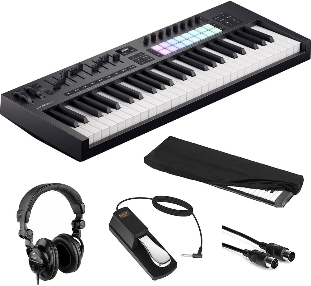 Novation Launchkey 49 MK4 USB MIDI Keyboard Controller (49 Keys) Bundle with HPC-A30 Studio Monitor Headphones, Universal Piano-Style Sustain Pedal, Keyboard Dust Cover and Midi cable 10' Black